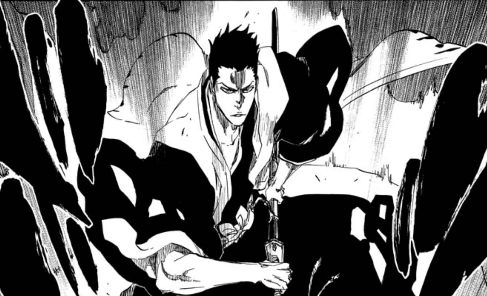 Isshin Kurosaki 桌布 壁紙 — 一個堅定的動漫戰士在動態黑白運動線中緊握他的劍。
