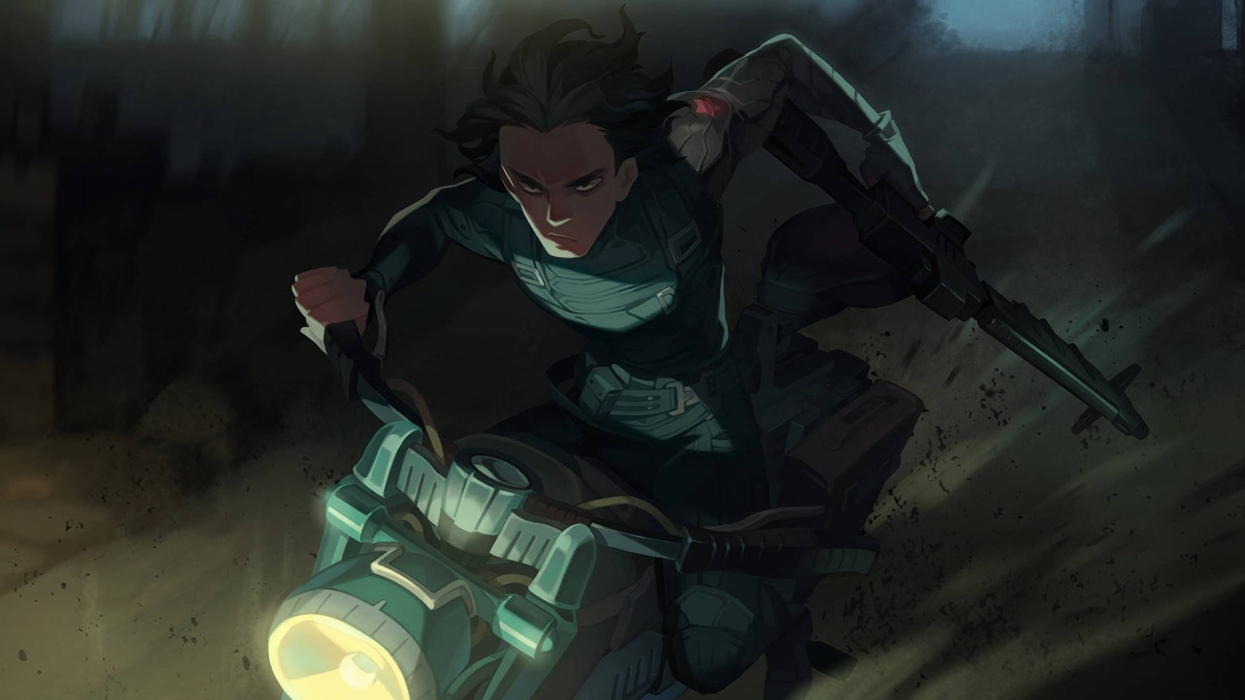 soldier 桌布 壁紙 — 一個堅定的動漫戰士在夜間騎著發光的未來摩托車穿過陰暗骯髒的城市峽谷。