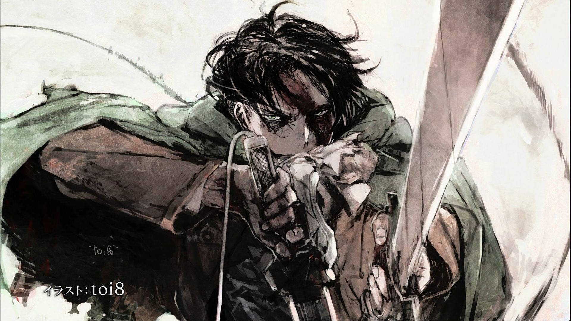 Levi 桌布 壁紙 — 一個堅定的動漫戰士在純白背景上握著劍和麥克風，帶有動態筆觸。