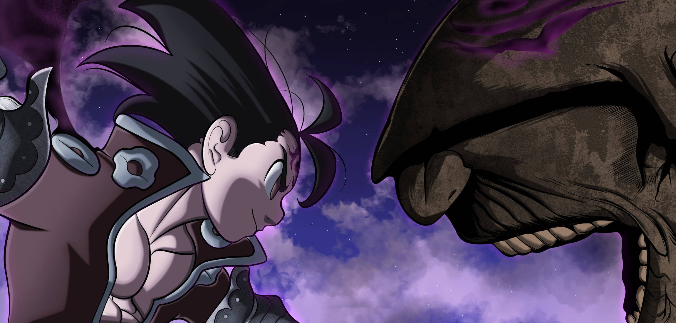 zeldris 桌布 壁紙 — 一個堅定的動漫戰士在繁星點點的紫色天空下，面對一個迫近的巨型骷髏怪物。