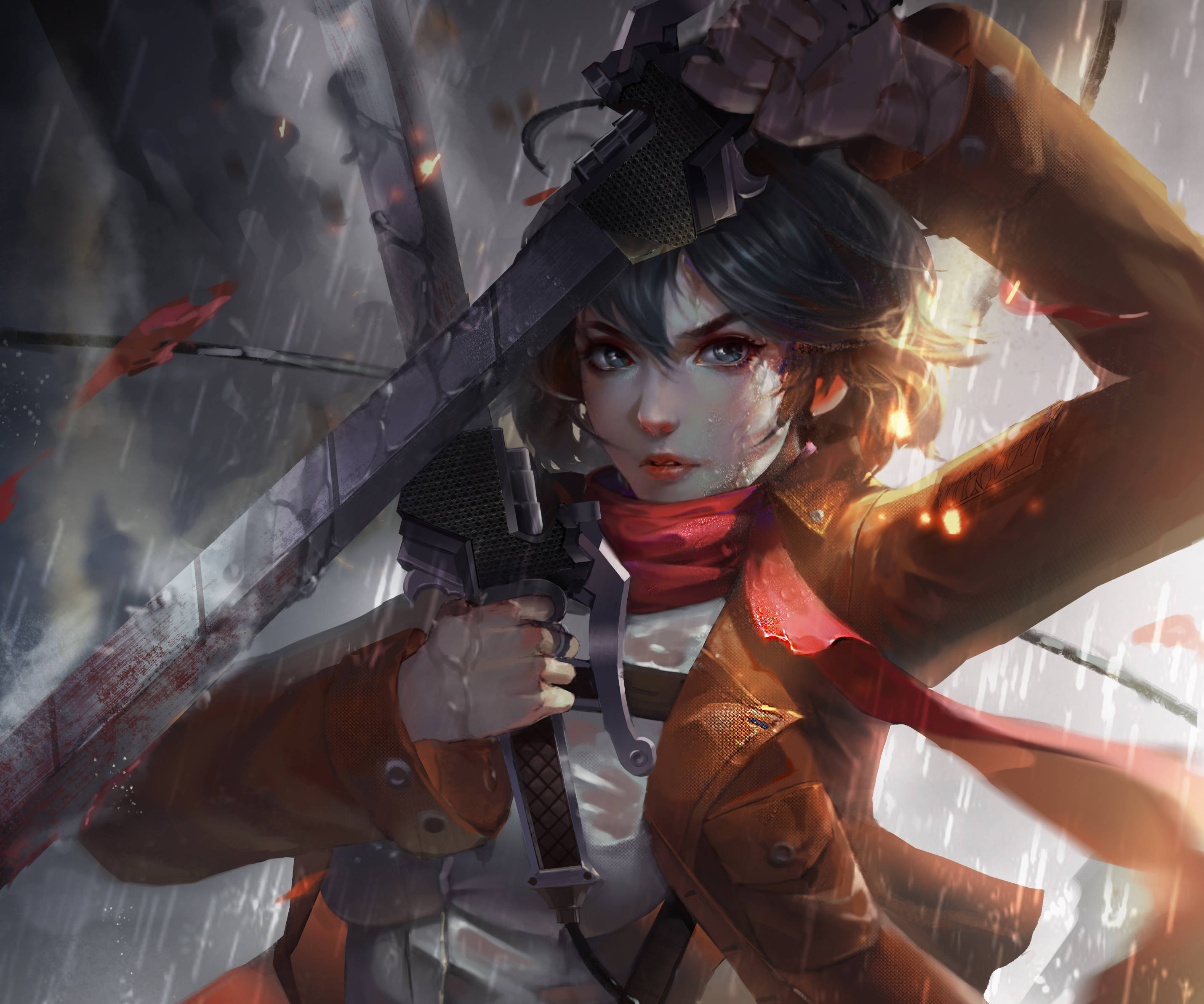Mikasa Ackerman 桌布 壁紙 — 一個堅定的動漫戰士女孩，灰色頭髮和紅色圍巾，在暴風雨中緊握著一把沾血的劍，熾熱的火花在她周圍飛舞。