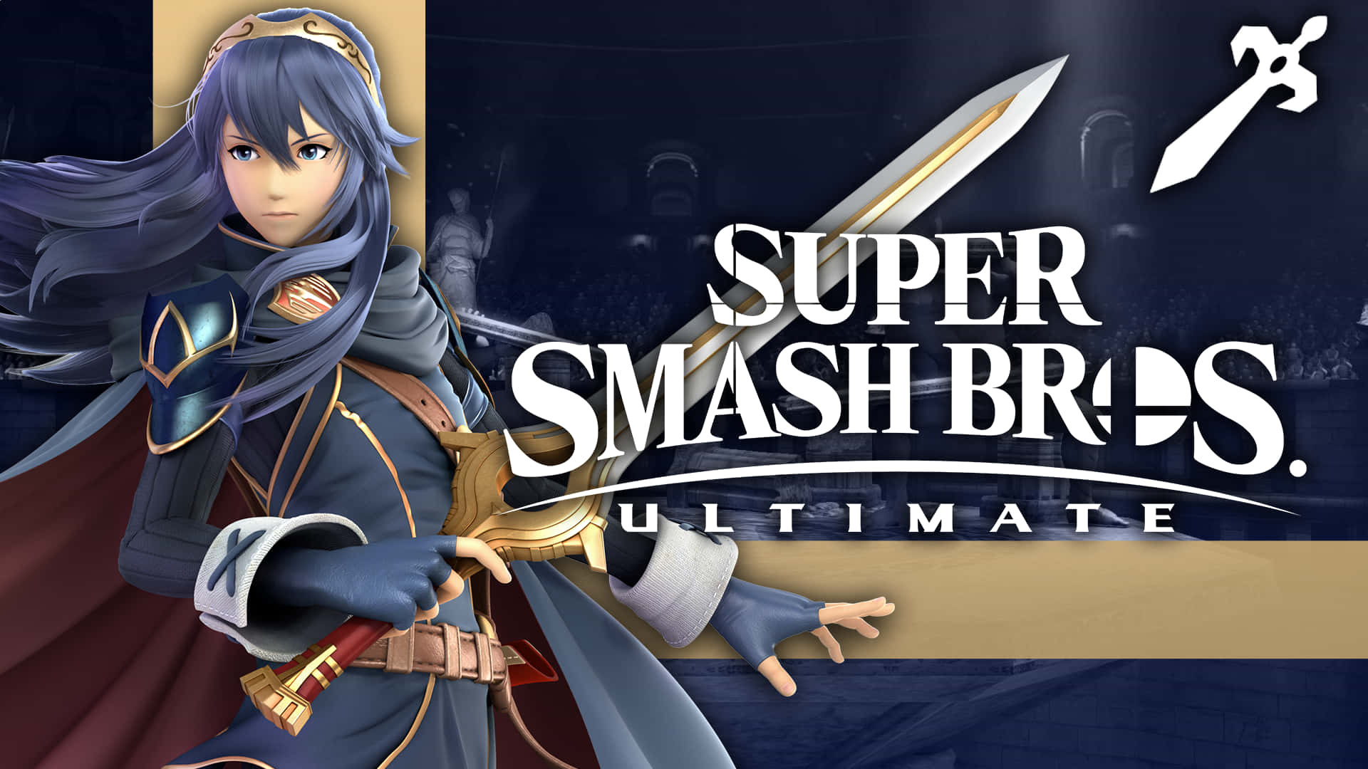 Lucina 桌布 壁紙 — 一個堅定的動漫戰士手持劍，站在黑暗競技場中的 Super Smash Bros Ultimate 標誌前。