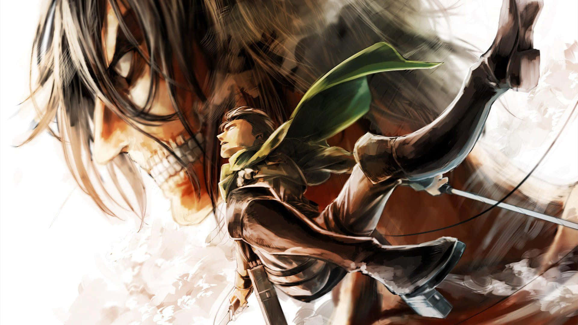 Attack On Titan Titan Eren 桌布 壁紙 — 一個堅定的動漫戰士拔劍向前躍起，對抗一個逼近的巨人泰坦，構成一個動態的動作場景。