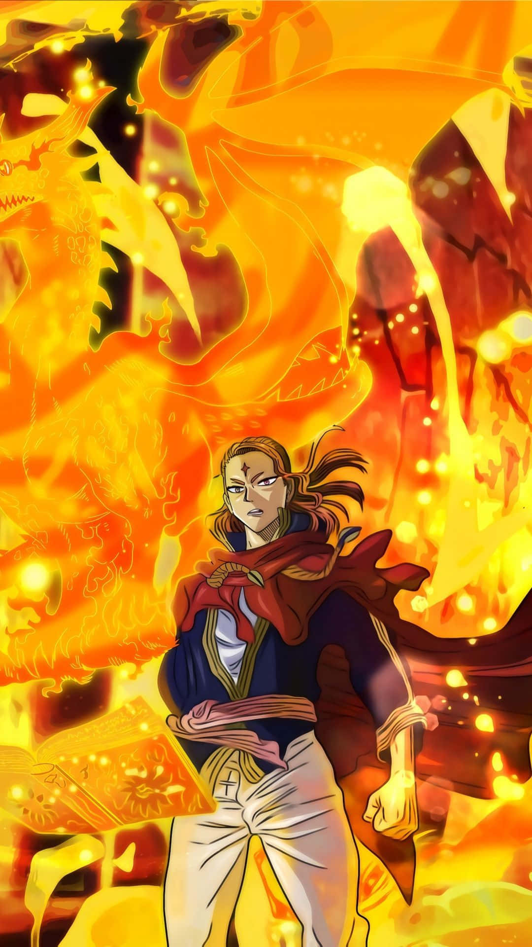 Black Clover Anime 桌布 壁紙 — 一個堅定的動漫戰士挑釁地站著，身後一頭巨大的火龍在橙色和金色的火焰中爆發。