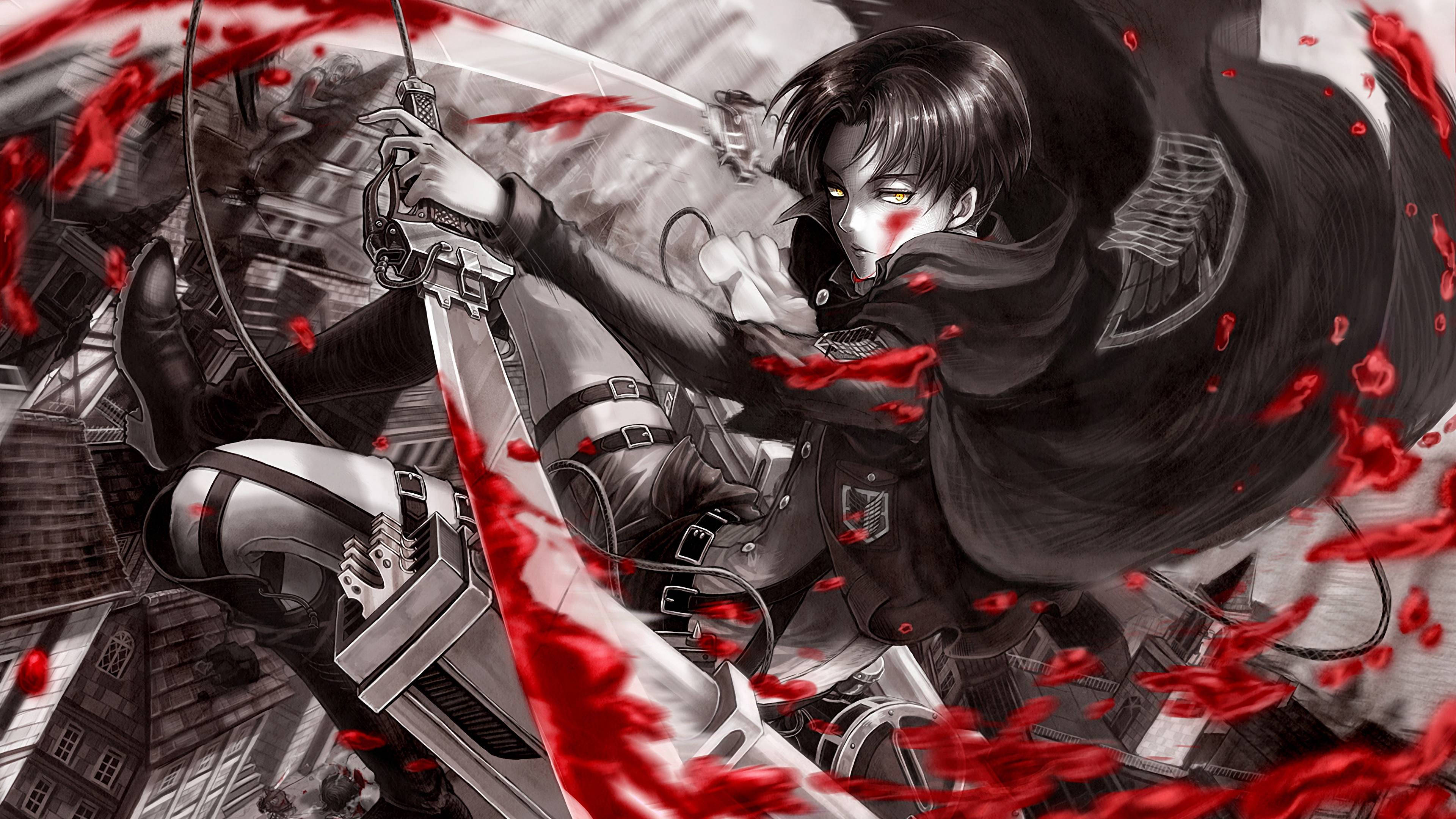 Levi 桌布 壁紙 — 一個堅定的動漫戰士用劍斬過城市景觀，深紅色的血液戲劇性地在他周圍飛濺。
