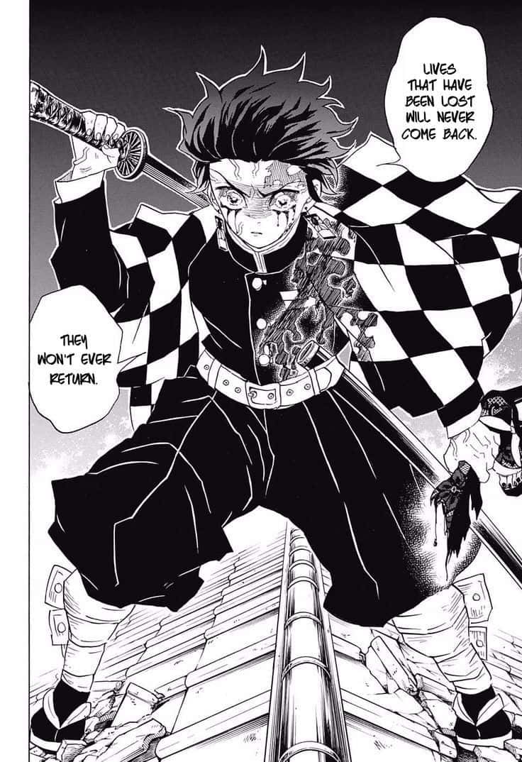 Demon Slayer Manga 桌布 壁紙 — 一個堅定的動漫戰士穿著格紋和服，站在破爛的屋頂上，握著劍，眼神強烈，帶有淚痕。