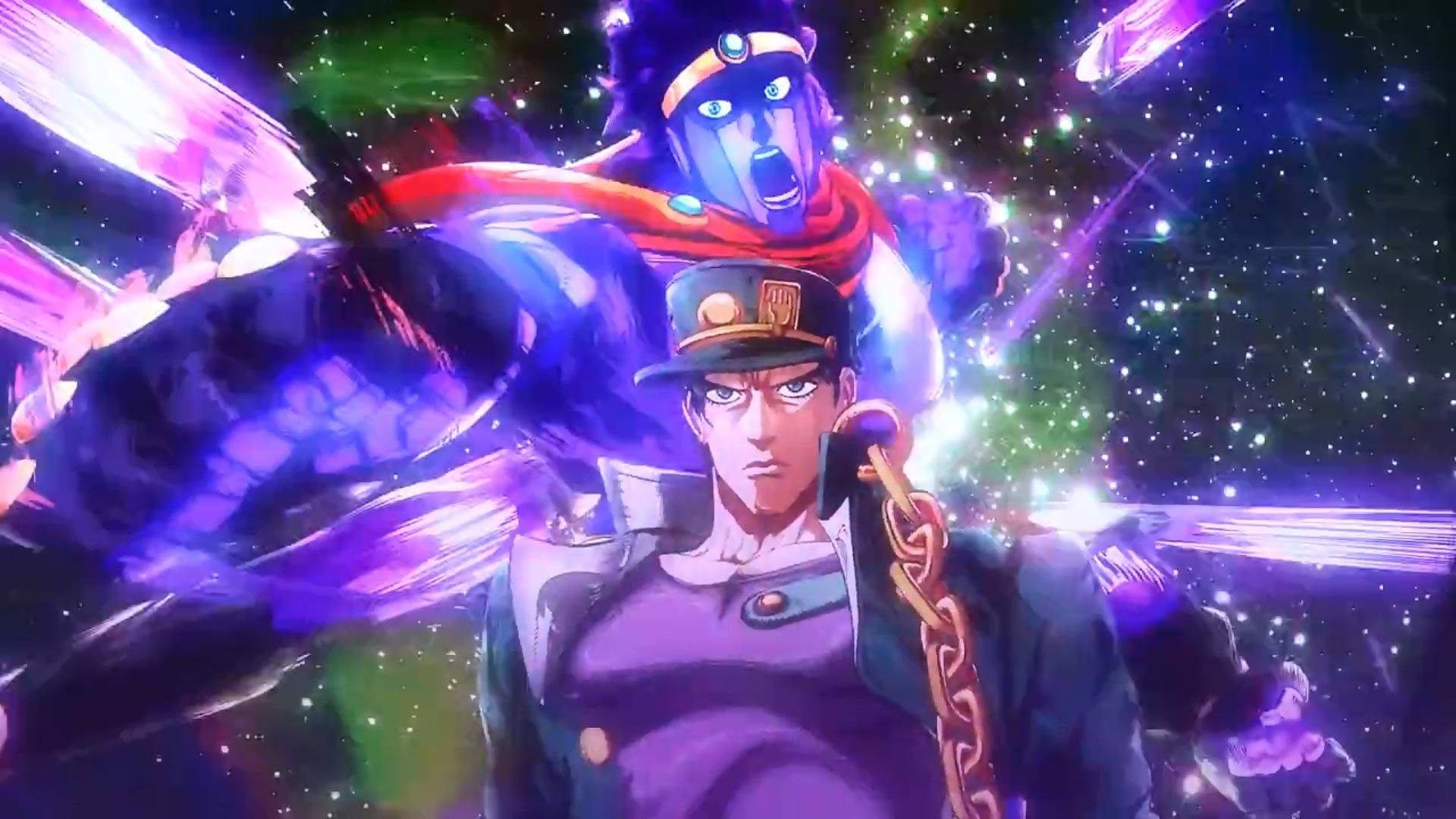 承太郎 桌布 壁紙 — 一個堅定的動漫戰士穿著紫色制服，站在宇宙背景前，還有一隻藍色熊狀生物揮舞著鎖鏈。
