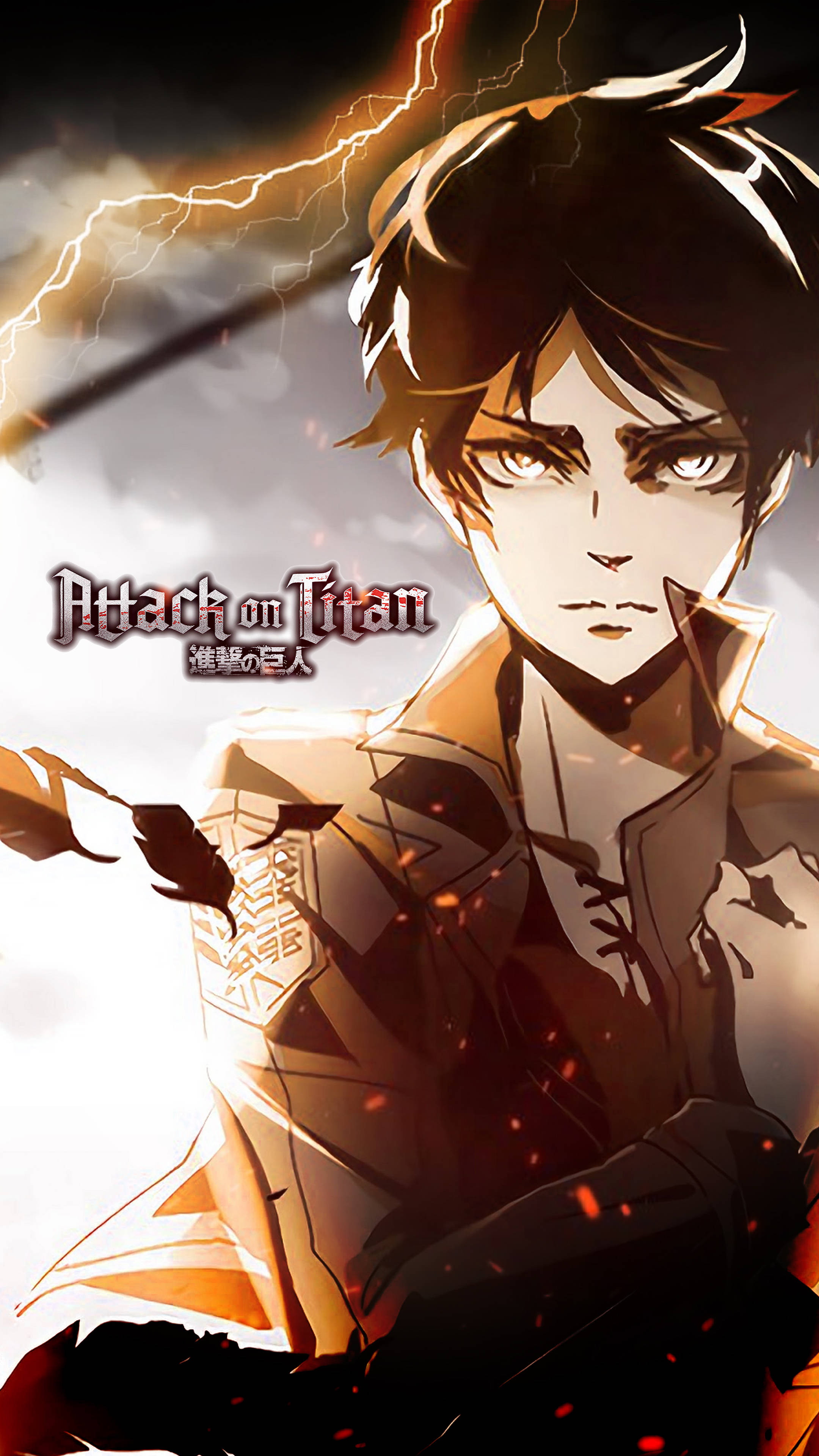 Attack On Titan 4K 桌布 壁紙 — 一個堅定的動漫戰士穿著軍裝，站在暴風雨的天空下，閃電和燃燒的火星在他周圍旋轉。