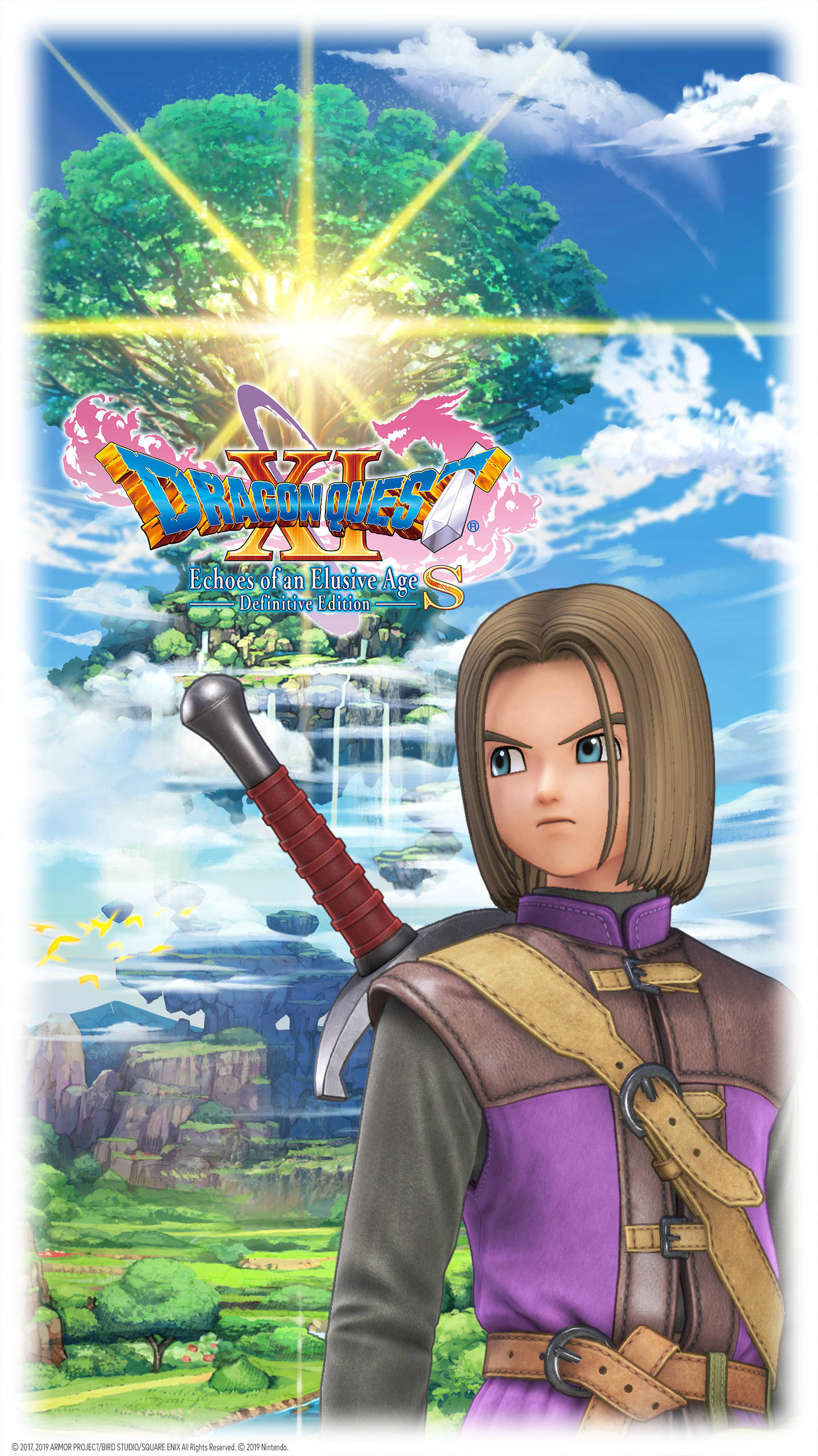 dragon quest 桌布 壁紙 — 一個堅定的動漫戰士站在一個發光的樹前，位於一個有瀑布流下的浮島上，天空湛藍。