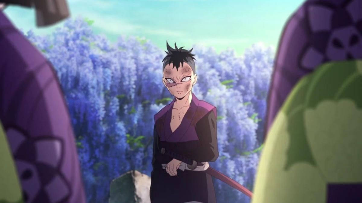genya 桌布 壁紙 — 一個堅定的動漫戰士站在晴朗天空下的紫色花田中。