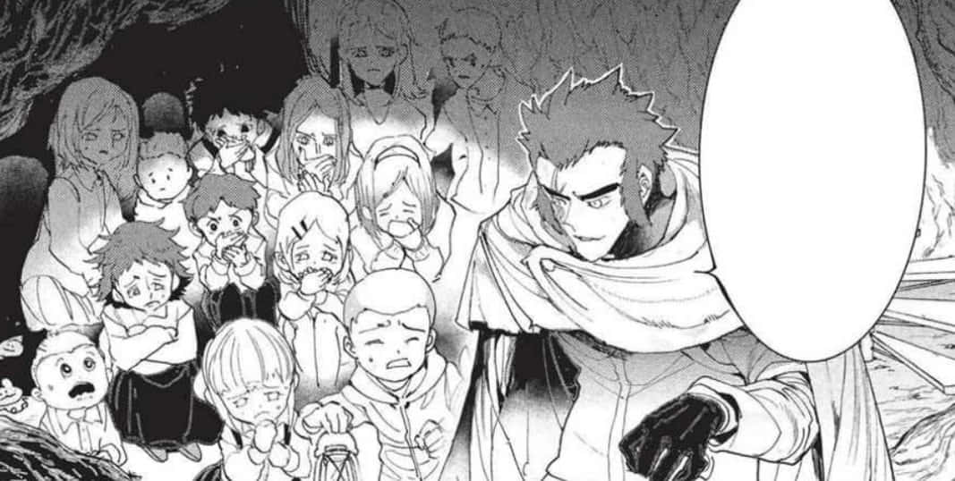 The Promised Neverland Lucas 桌布 壁紙 — 一個堅定的動漫戰士站在黑暗洞穴中一群驚恐的孩子面前，手持發光球體。