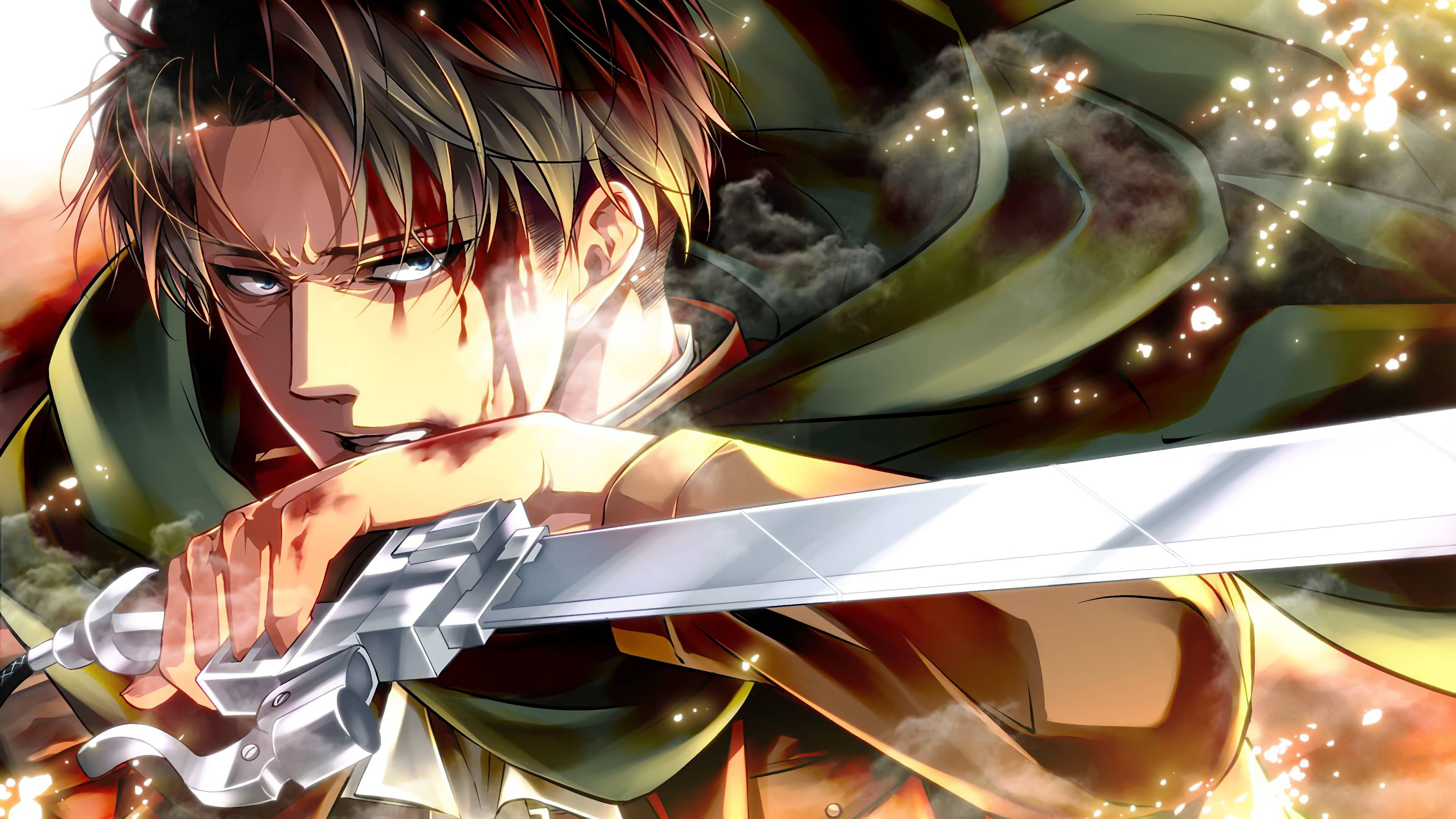 Levi 桌布 壁紙 — 一個堅定的動漫戰士緊握著閃閃發光的劍，熾熱的火花在他嚴肅的臉龐周圍飛舞。