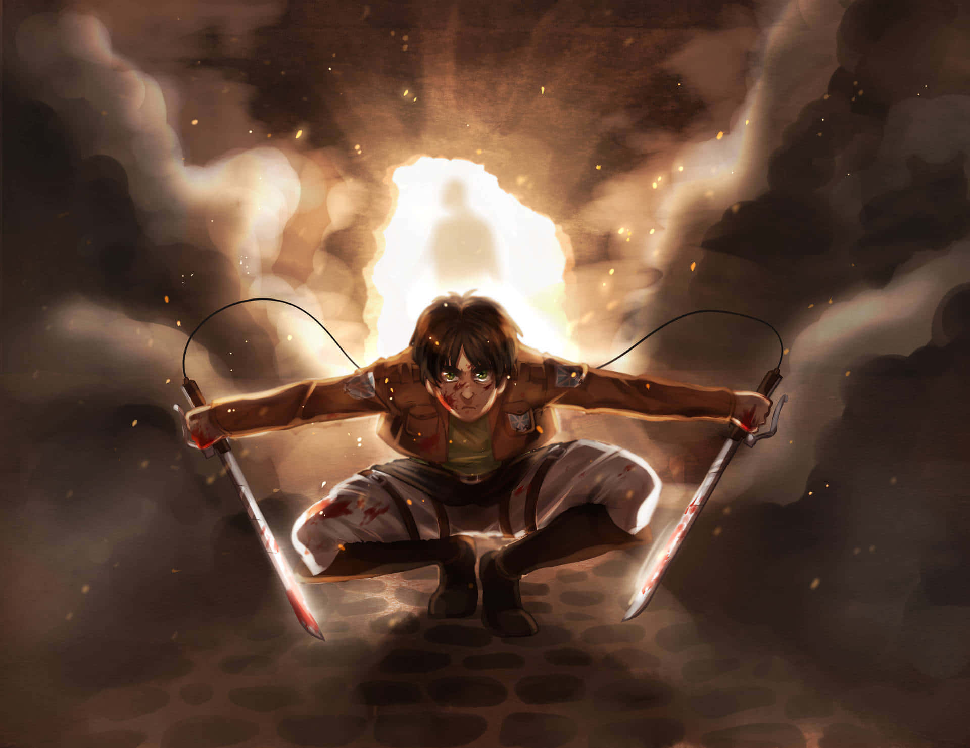 Attack On Titan Season 3 桌布 壁紙 — 一個堅定的動漫戰士蹲伏著，雙刃在煙霧和火花的熾熱背景下閃耀。