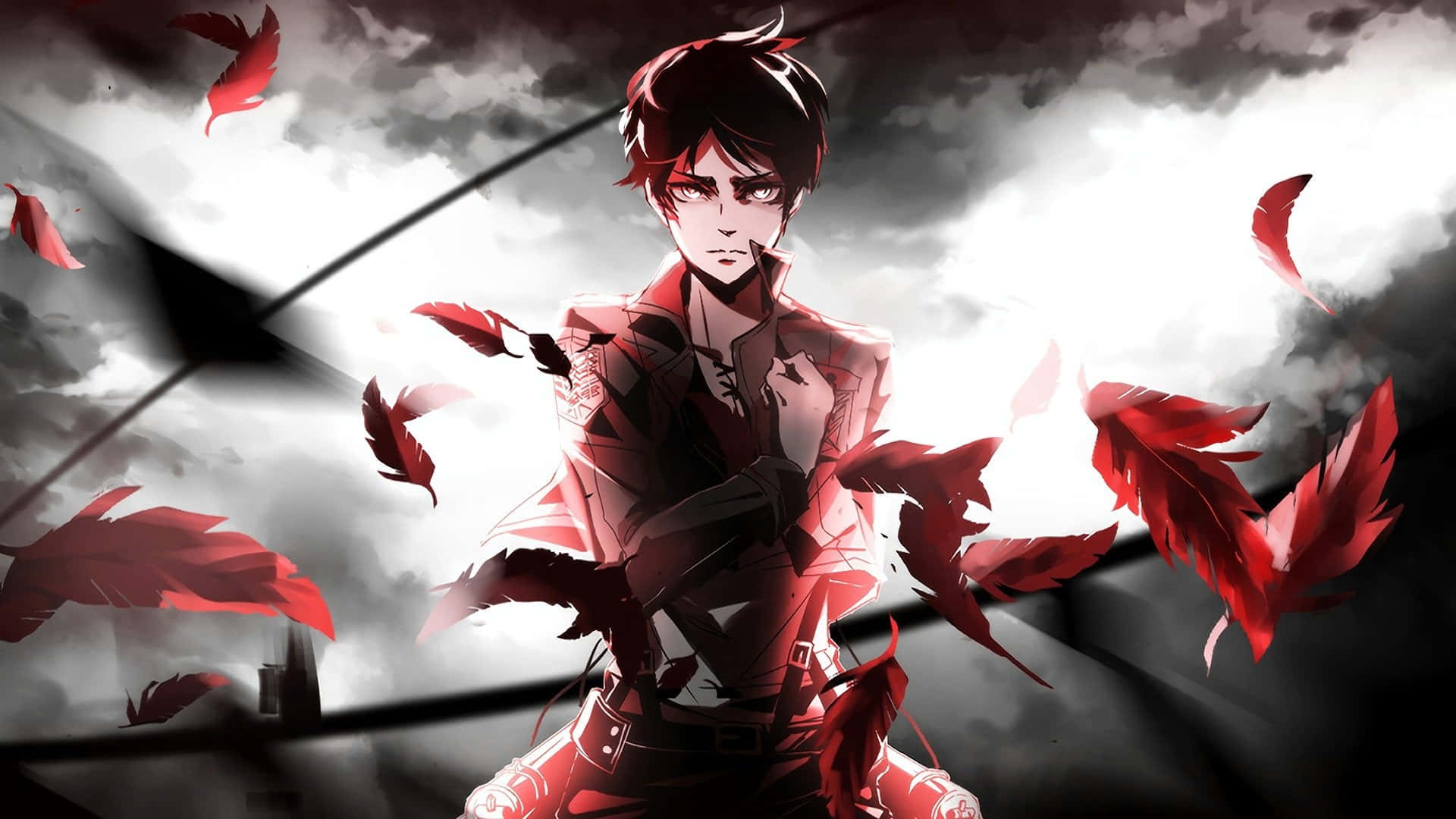 Attack On Titan Poster 桌布 壁紙 — 一個堅定的動漫戰士身穿紅色盔甲，站在旋轉的深紅色羽毛中，背景是暴風雨的灰色天空。