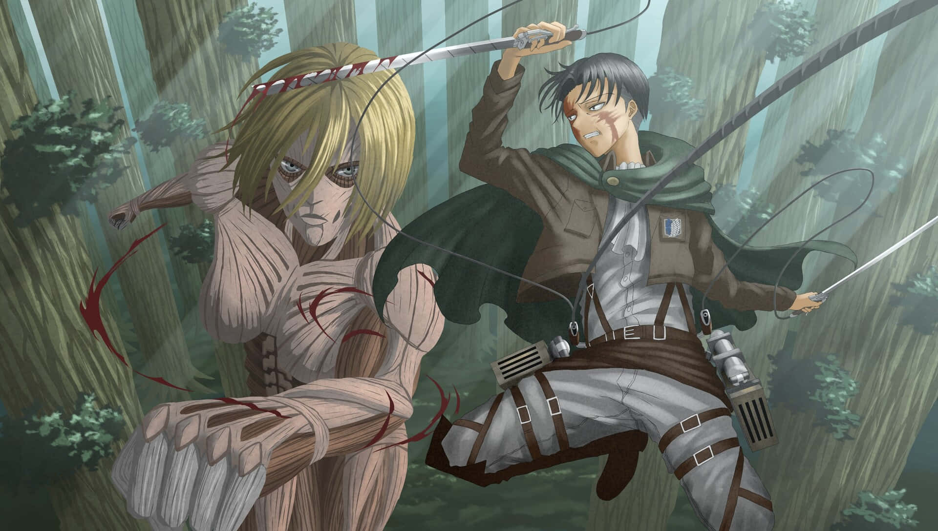 Female Titan 桌布 壁紙 — 一個堅定的動漫戰士身穿裝備，在茂密的森林中揮劍攻擊一個巨大的人形巨人。