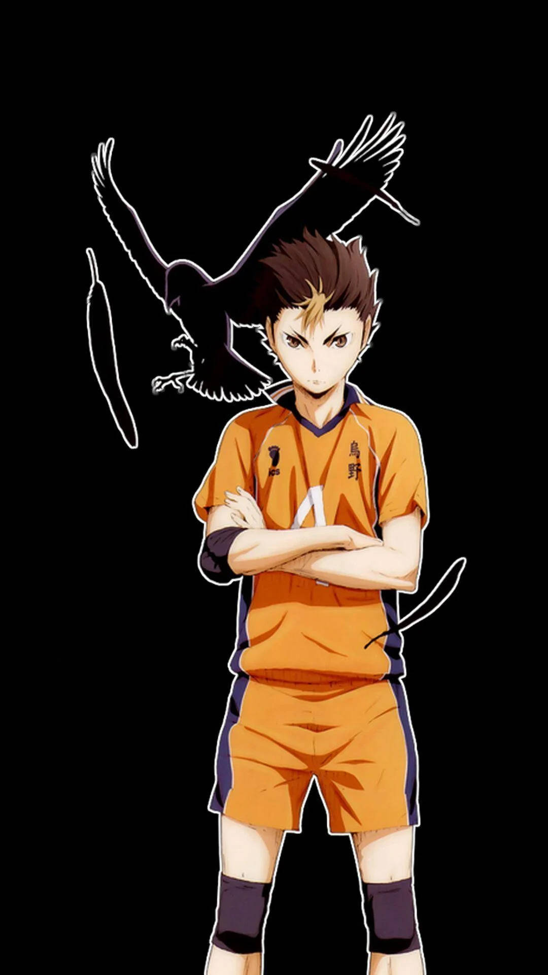 排球少年 桌布 壁紙 — 一個堅定的動漫排球運動員穿著橙色制服，雙手交叉站立，一隻黑烏鴉在他身後飛翔，背景為黑色。