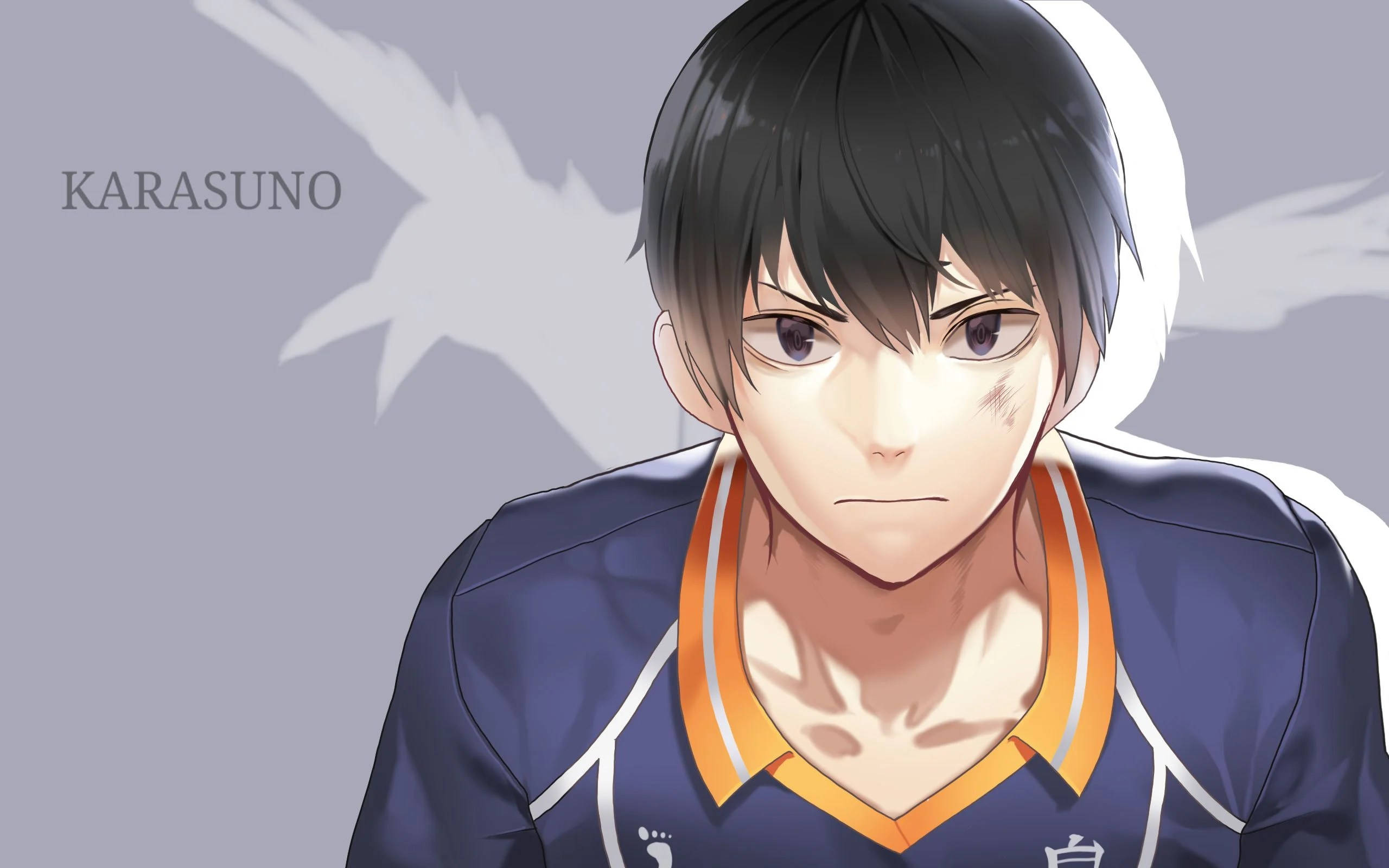 Kageyama 桌布 壁紙 — 一個堅定的動漫排球運動員穿著烏野球衣，在灰色背景上凝視著一隻白色鳥的剪影。