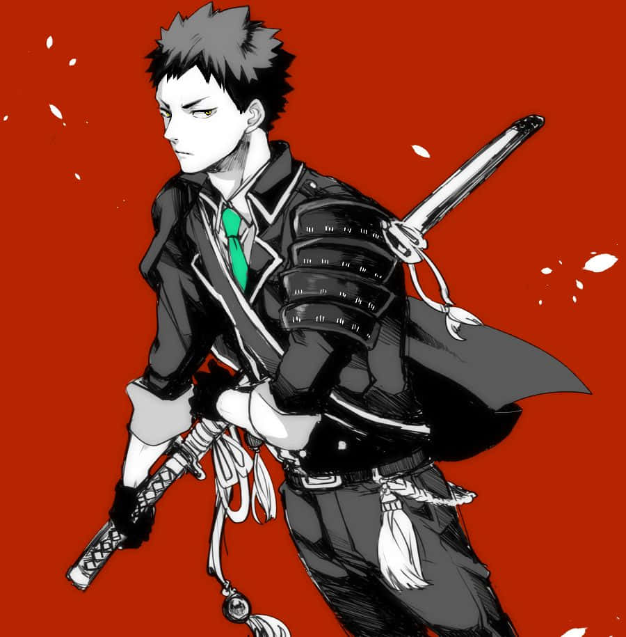 iwaizumi hajime 桌布 壁紙 — 一個堅定的動漫武士，身穿黑色盔甲和綠色領帶，手持武士刀，站在鮮紅色背景前，櫻花瓣飄落。