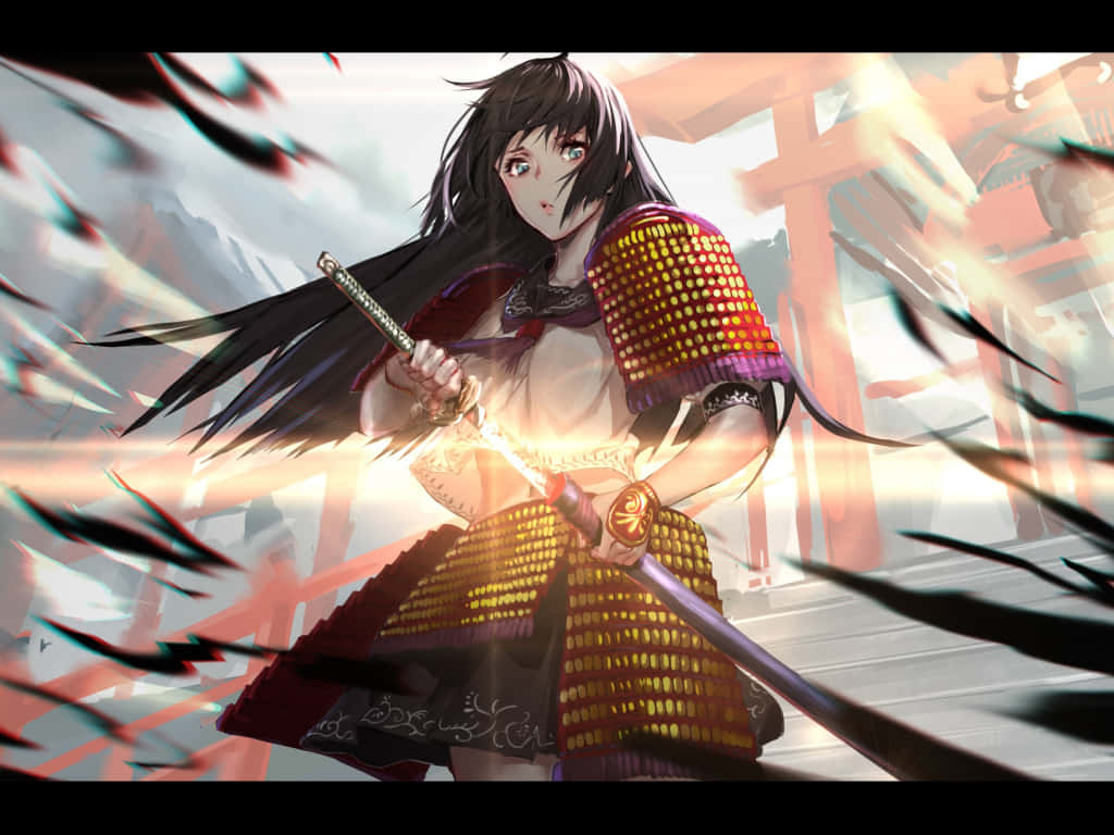 動漫 桌布 壁紙 — 一個堅定的動漫武士女孩，身穿金色盔甲，在紅色鳥居前揮舞著發光的劍，帶有動態運動模糊效果。