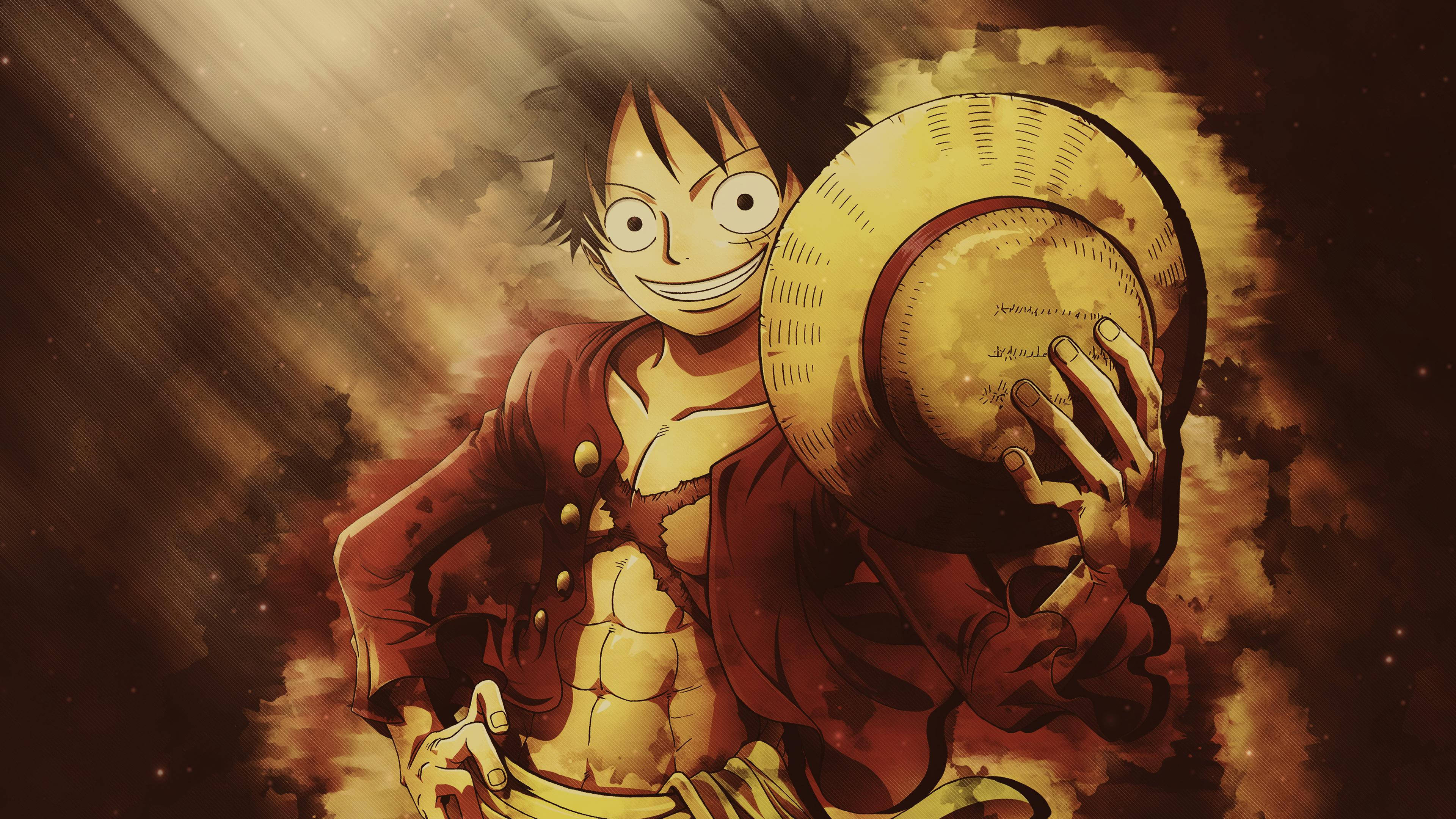 luffy 4K 桌布 壁紙 — 一個堅定的動漫海盜，擁有尖刺的黑髮和草帽，在火橙色和棕色的暴風雨天空中洋溢著喜悅。