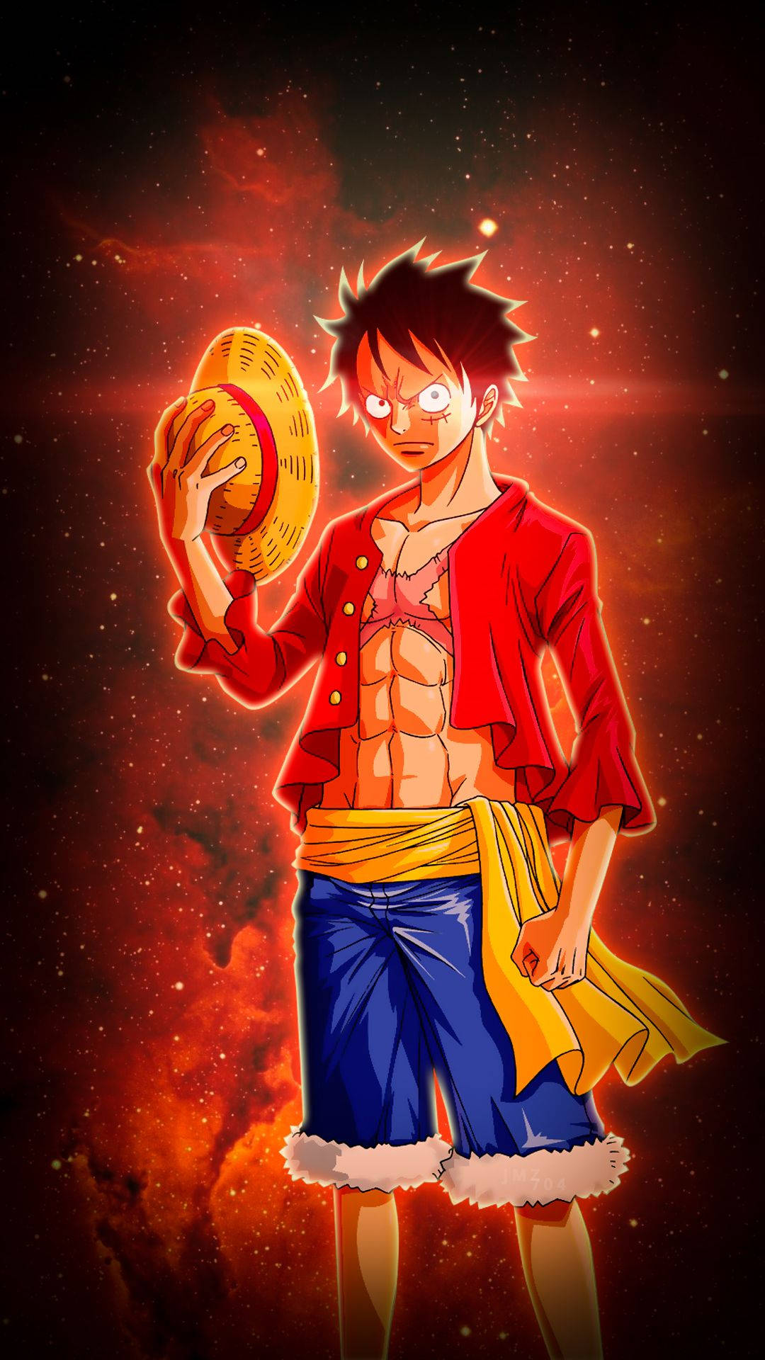 luffy 4K 桌布 壁紙 — 一個堅定的動漫海盜，頭髮尖刺，在熾熱的宇宙背景下拿著他的草帽。
