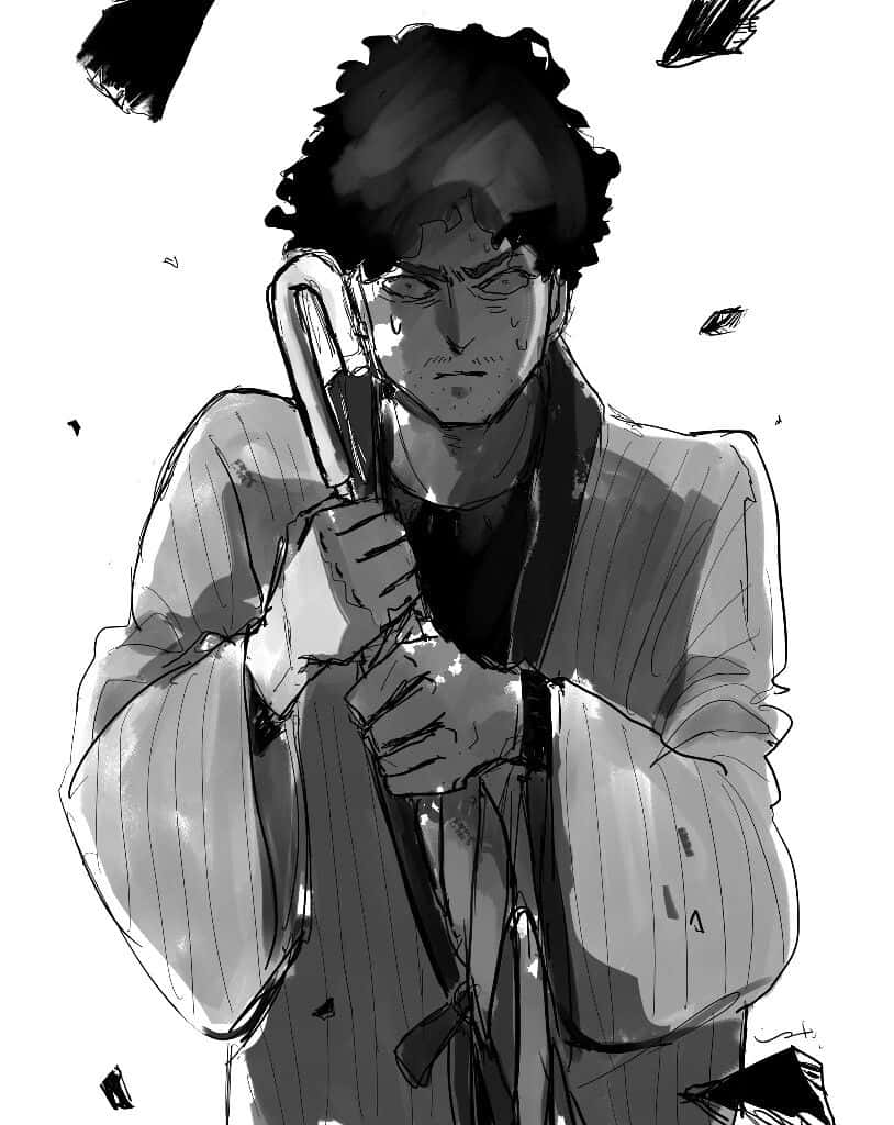 Katsuya Serizawa 桌布 壁紙 — 一個堅定的動漫男人，捲髮緊握劍，周圍飛揚的碎片，以粗糙的單色素描呈現。