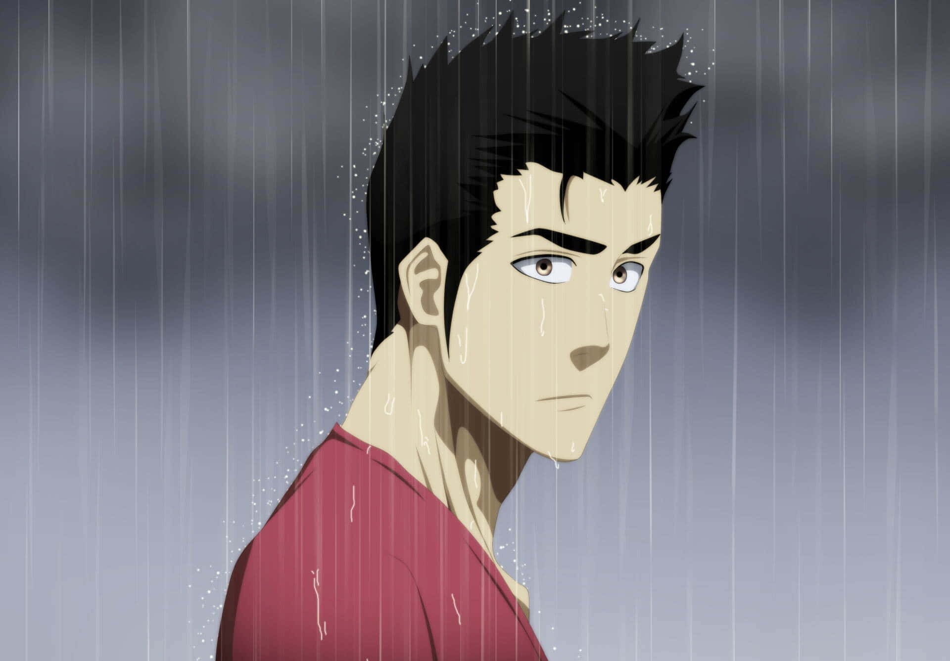 Isshin Kurosaki 桌布 壁紙 — 一個堅定的動漫男人，黑髮紅衫，站在灰色天空下的大雨中。