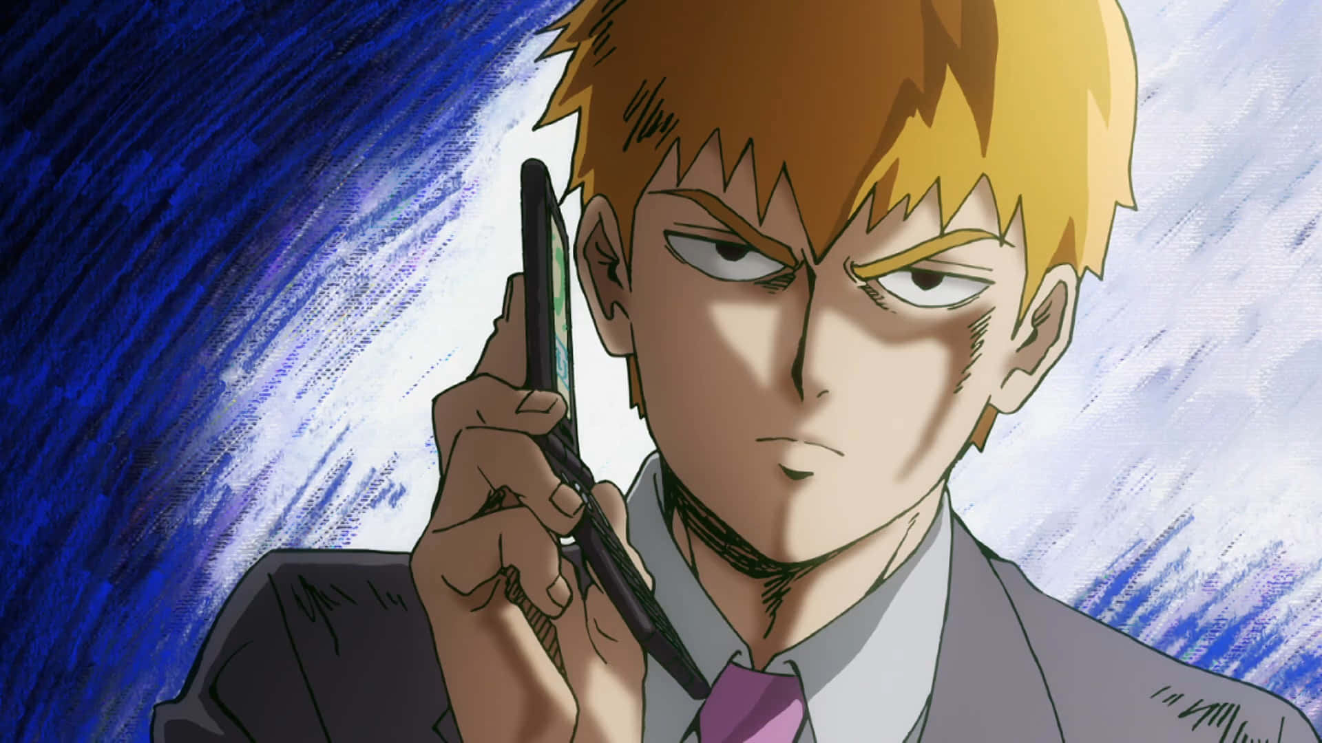Mob Psycho 桌布 壁紙 — 一個堅定的動漫男子，有著尖刺金髮，在旋轉的藍白背景前將電話貼在耳邊。