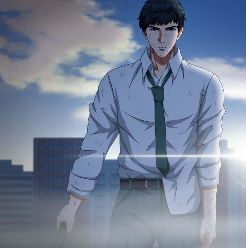 Koutarou Amon 桌布 壁紙 — 一個堅定的動漫男子，穿著皺巴巴的白襯衫和綠色領帶，站在朦朧的城市天際線前，天空多雲。