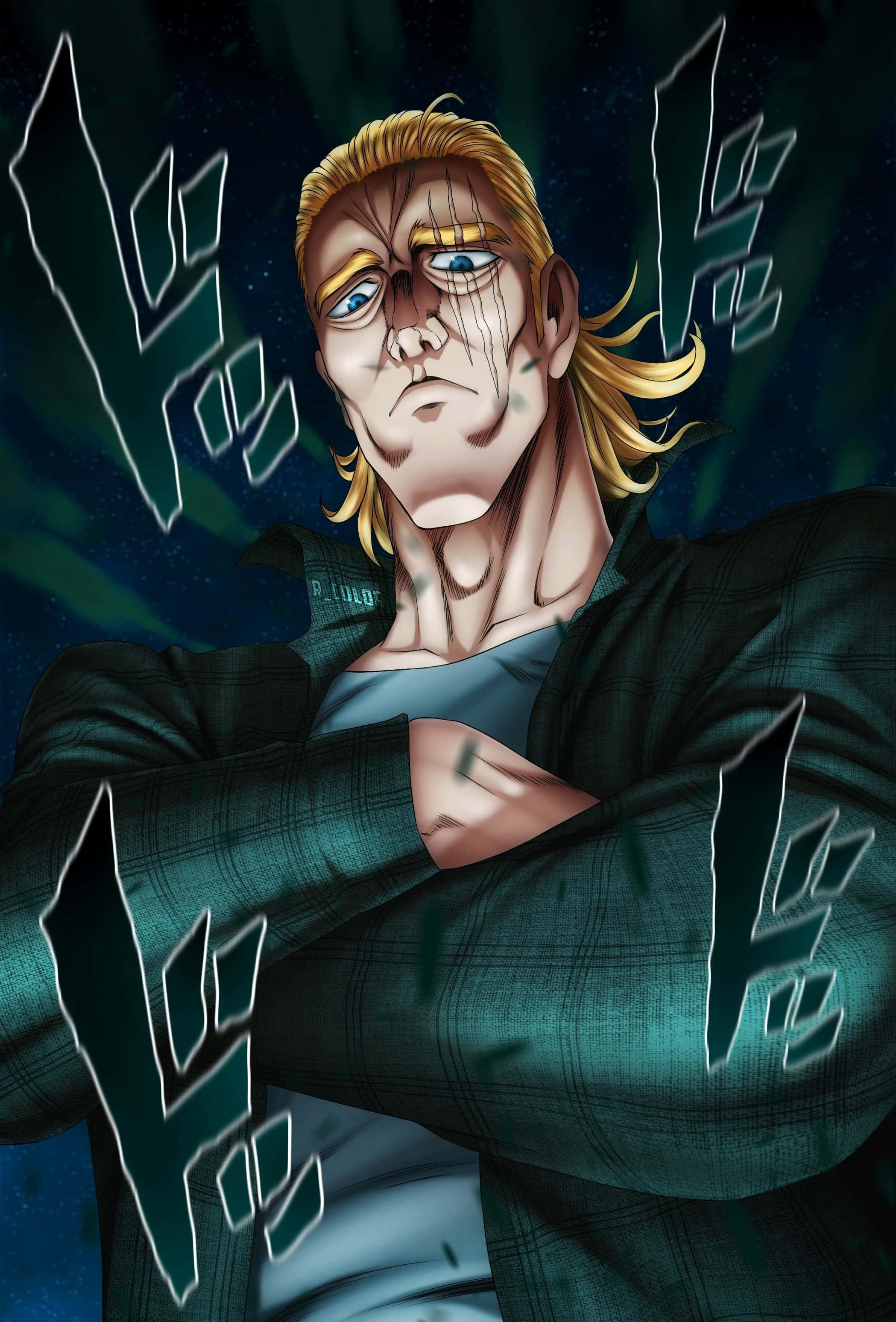 One Punch Man King 桌布 壁紙 — 一個堅定的動漫男子，金髮藍眼，雙臂交叉，站在黑暗星空背景前，周圍有發光的能量符號。