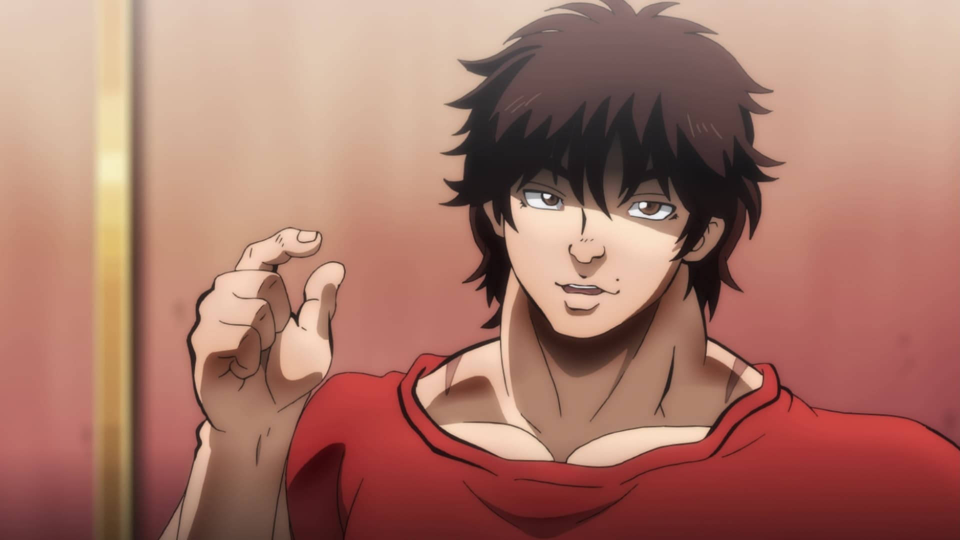 Baki 桌布 壁紙 — 一個堅定的動漫男子穿著紅色襯衫，在溫暖的漸變背景前，以專注的目光向前指。