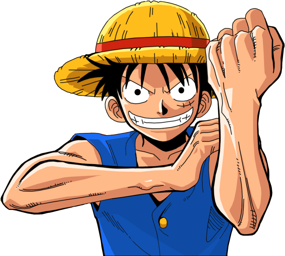 luffy smile 桌布 壁紙 — 一個堅定的動漫男孩，戴著草帽和藍色背心，露出兇猛的笑容，展示他的肌肉。