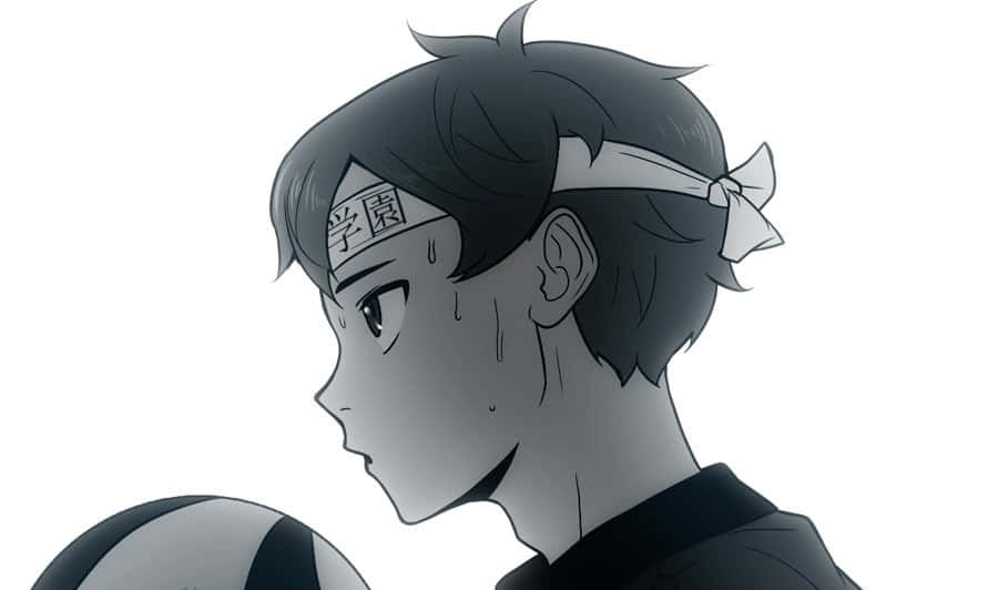 Tsubakihara 桌布 壁紙 — 一個堅定的動漫男孩，戴著頭帶和汗水，在單色特寫中拿著排球。