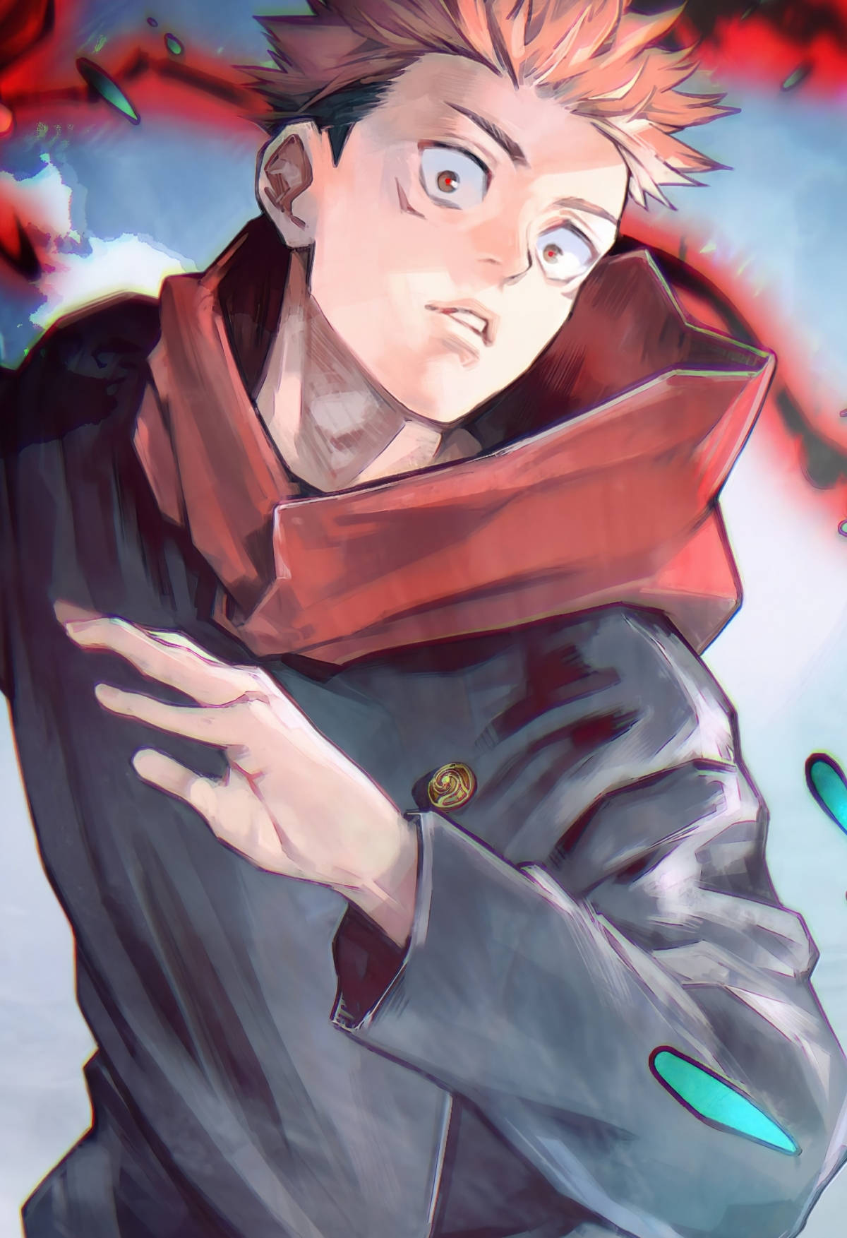 動漫 桌布 壁紙 — 一個堅定的動漫男孩，擁有尖刺的橙色頭髮和大眼睛，穿著一件帶有紅色領子和發光青綠色裝飾的深色外套，背景是動態的紅色和藍色。