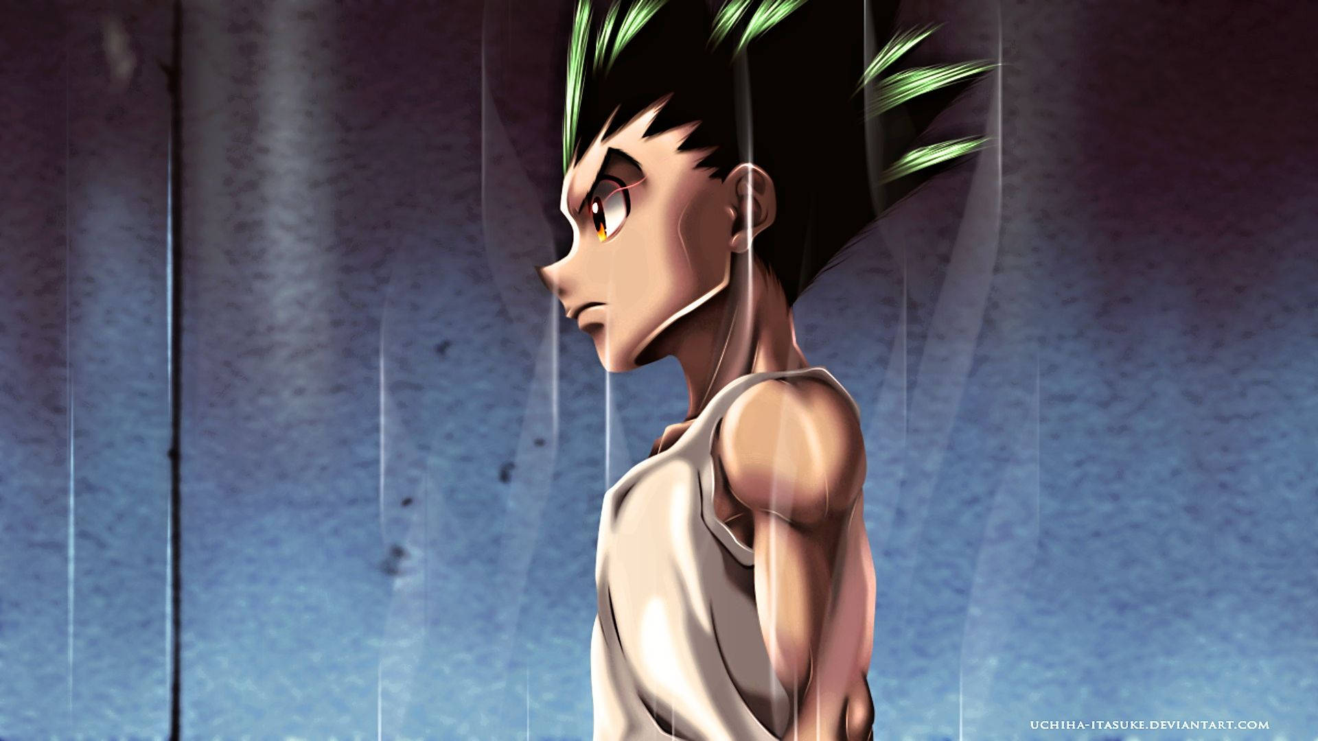 Gon 桌布 壁紙 — 一個堅定的動漫男孩，擁有尖刺的綠色和黑色頭髮，站在雨中，背景是藍色紋理牆。