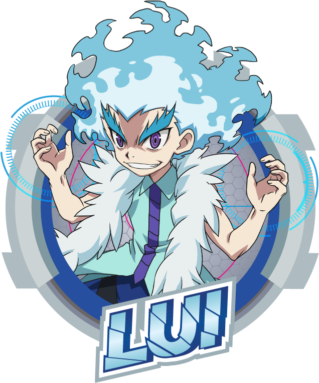 Beyblade 桌布 壁紙 — 一個堅定的動漫男孩，擁有尖刺的藍色頭髮和白色毛領，站在一個圓形科技框架中，發光的藍色能量在他周圍旋轉。