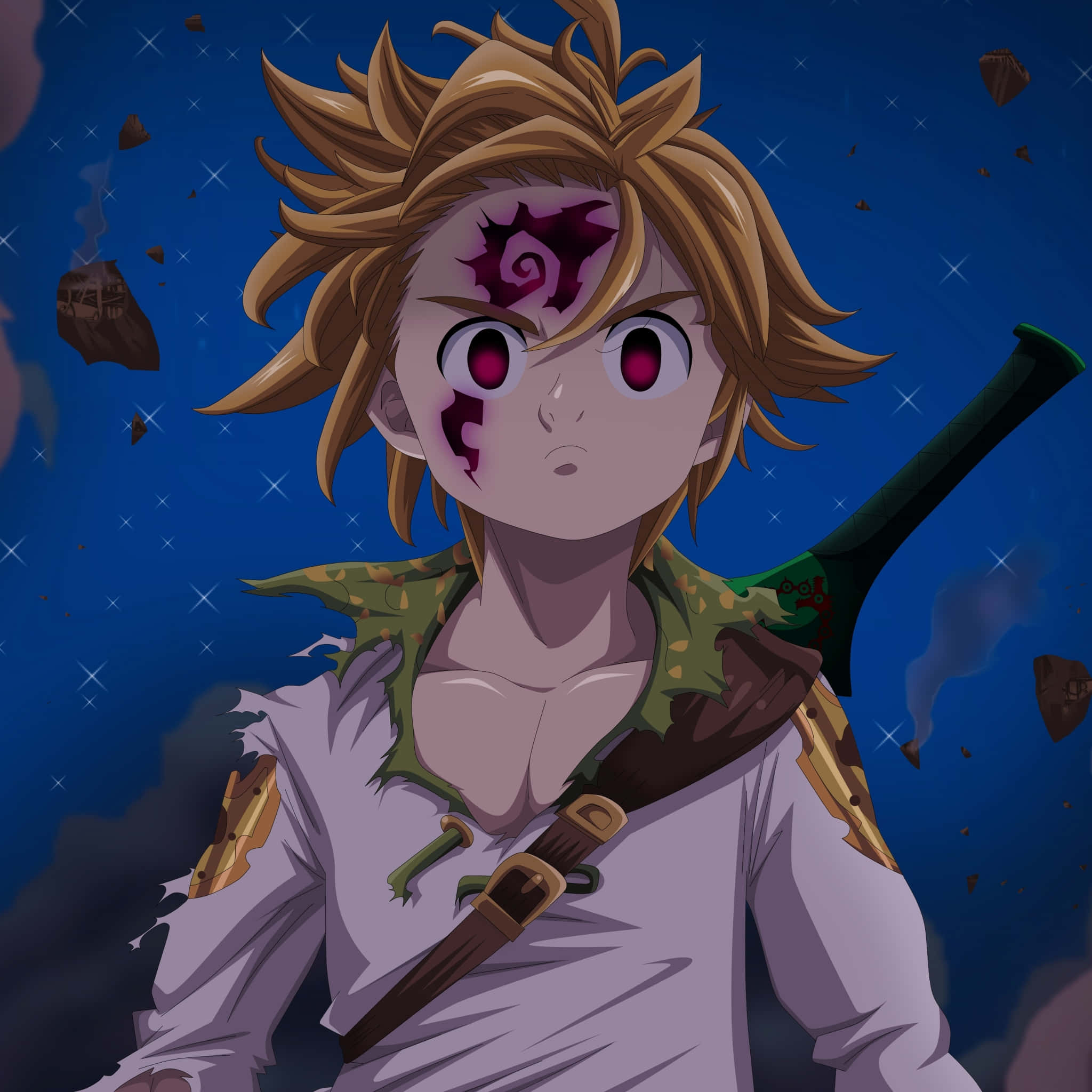 Meliodas 桌布 壁紙 — 一個堅定的動漫男孩，擁有尖刺金髮和發光的紅眼睛，站在繁星點點的夜空下，周圍漂浮著碎片，背上背著一把劍。