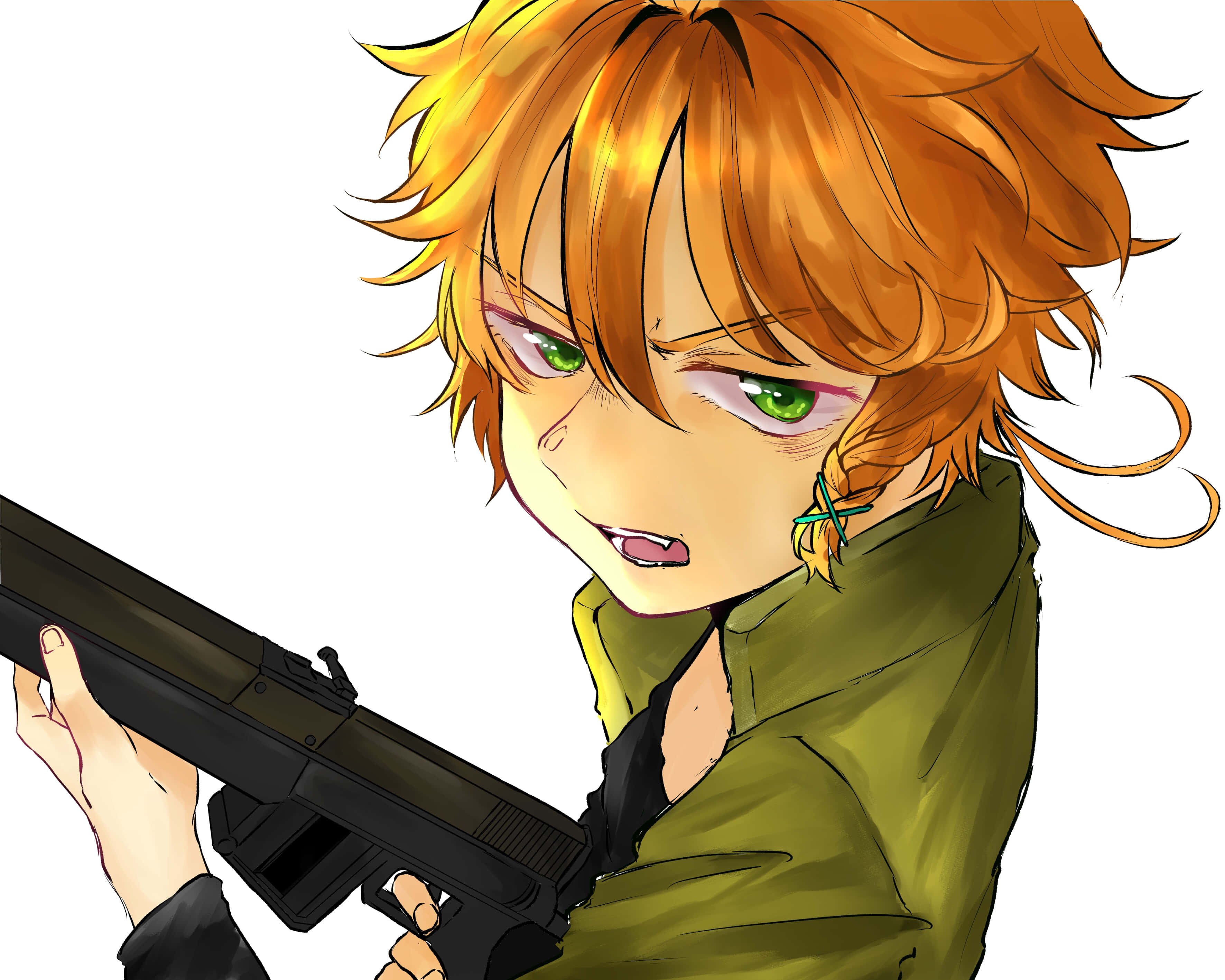 桌布 壁紙 — 一個堅定的動漫男孩，擁有火熱的橙色頭髮和綠色眼睛，在純白色背景下緊握著一把黑色步槍。