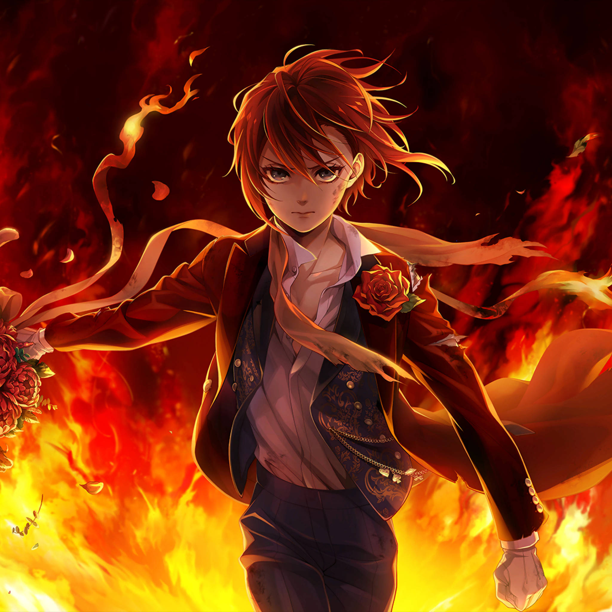 Anime Boy Gaming 桌布 壁紙 — 一個堅定的動漫男孩，擁有火紅的頭髮，站在咆哮的火焰中，以戲劇性的姿態手持玫瑰。