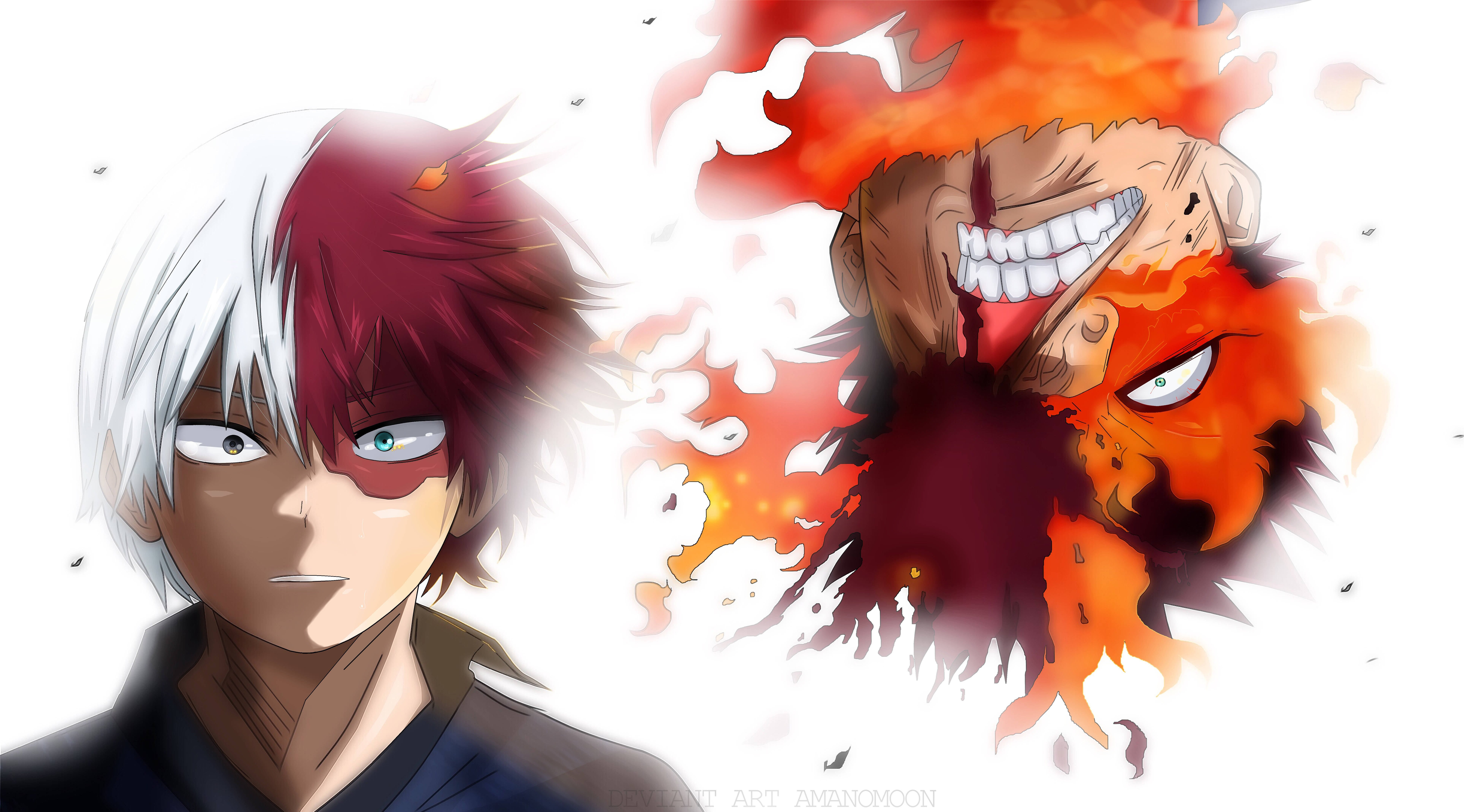 todoroki family 桌布 壁紙 — 一個堅定的動漫男孩，擁有白色和紅色的頭髮，在動態的戰鬥場景中面對一個熾熱咆哮的惡魔頭顱。