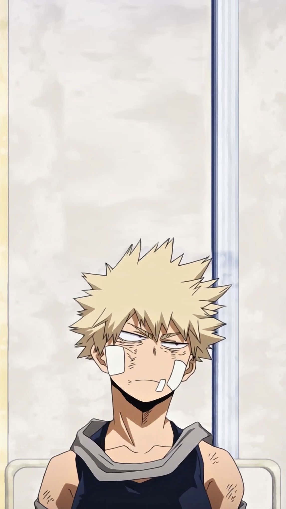 Bakugou Aesthetic 桌布 壁紙 — 一個堅定的動漫男孩，有著刺刺的金色頭髮和臉部膠帶，透過窗戶專注地凝視。