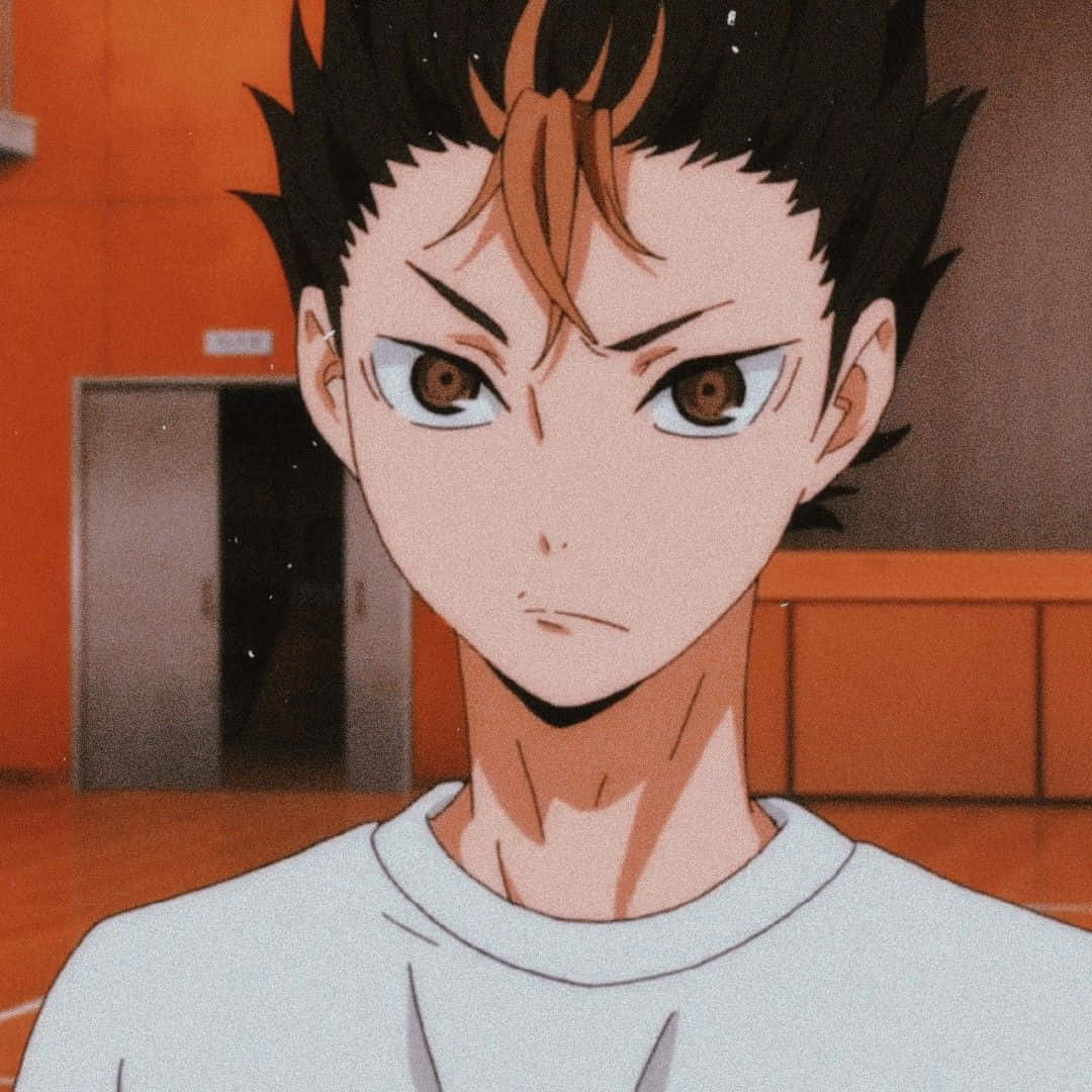 排球少年 桌布 壁紙 — 一個堅定的動漫男孩，有著刺蝟般的黑髮和棕色眼睛，在橙色牆壁的體育館中專注地凝視。