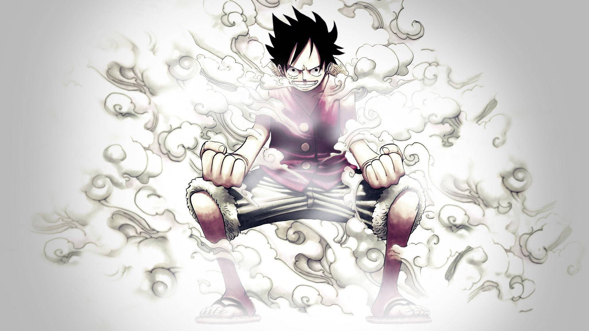 luffy 4K 桌布 壁紙 — 一個堅定的動漫男孩，有著刺蝟般的黑髮，坐在旋轉的白煙中，背景是純灰色。