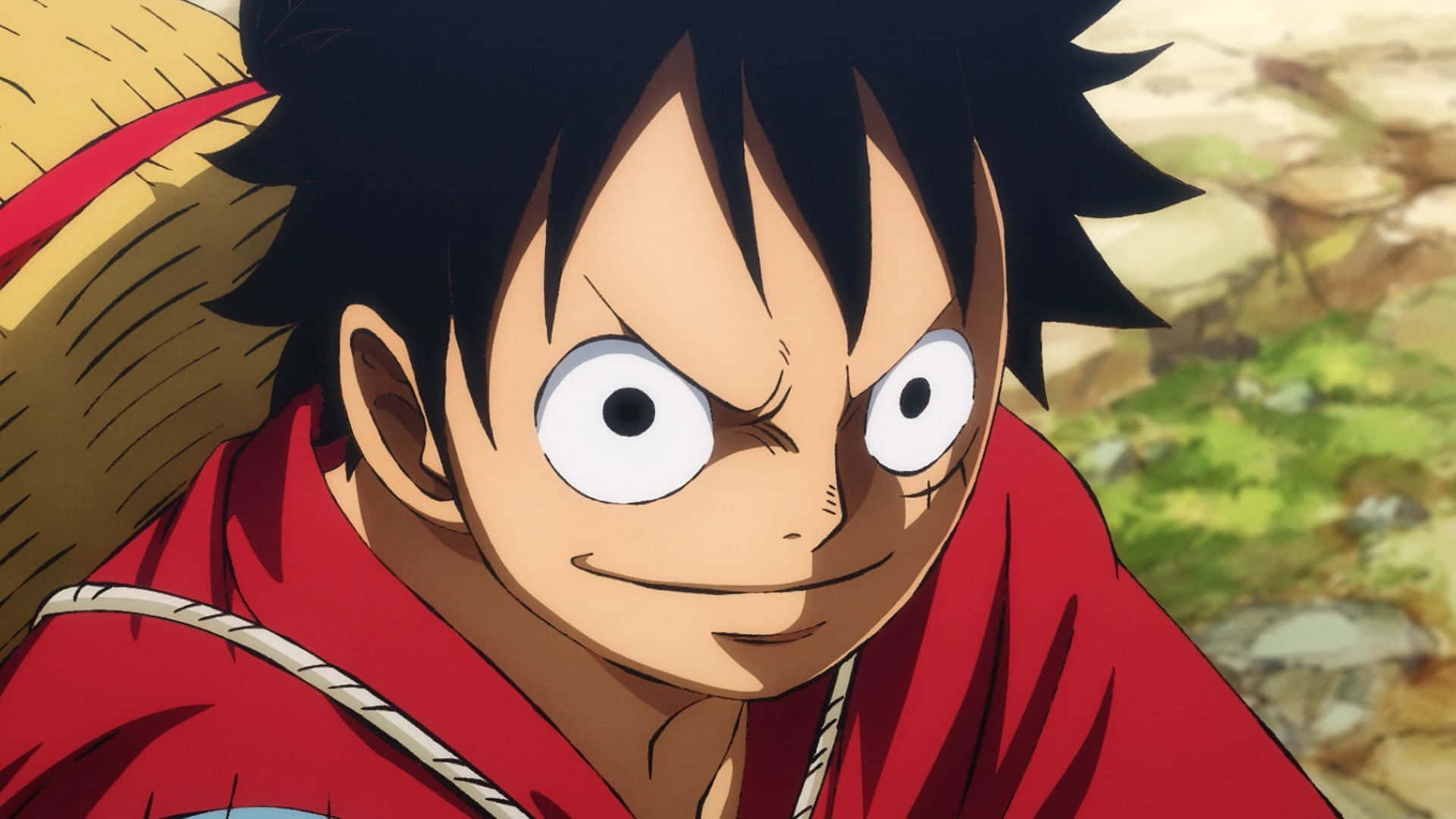 Luffy 桌布 壁紙 — 一個堅定的動漫男孩，有著刺蝟般的黑髮和紅色外套，睜大眼睛，帶著自信的笑容，專注地凝視著。