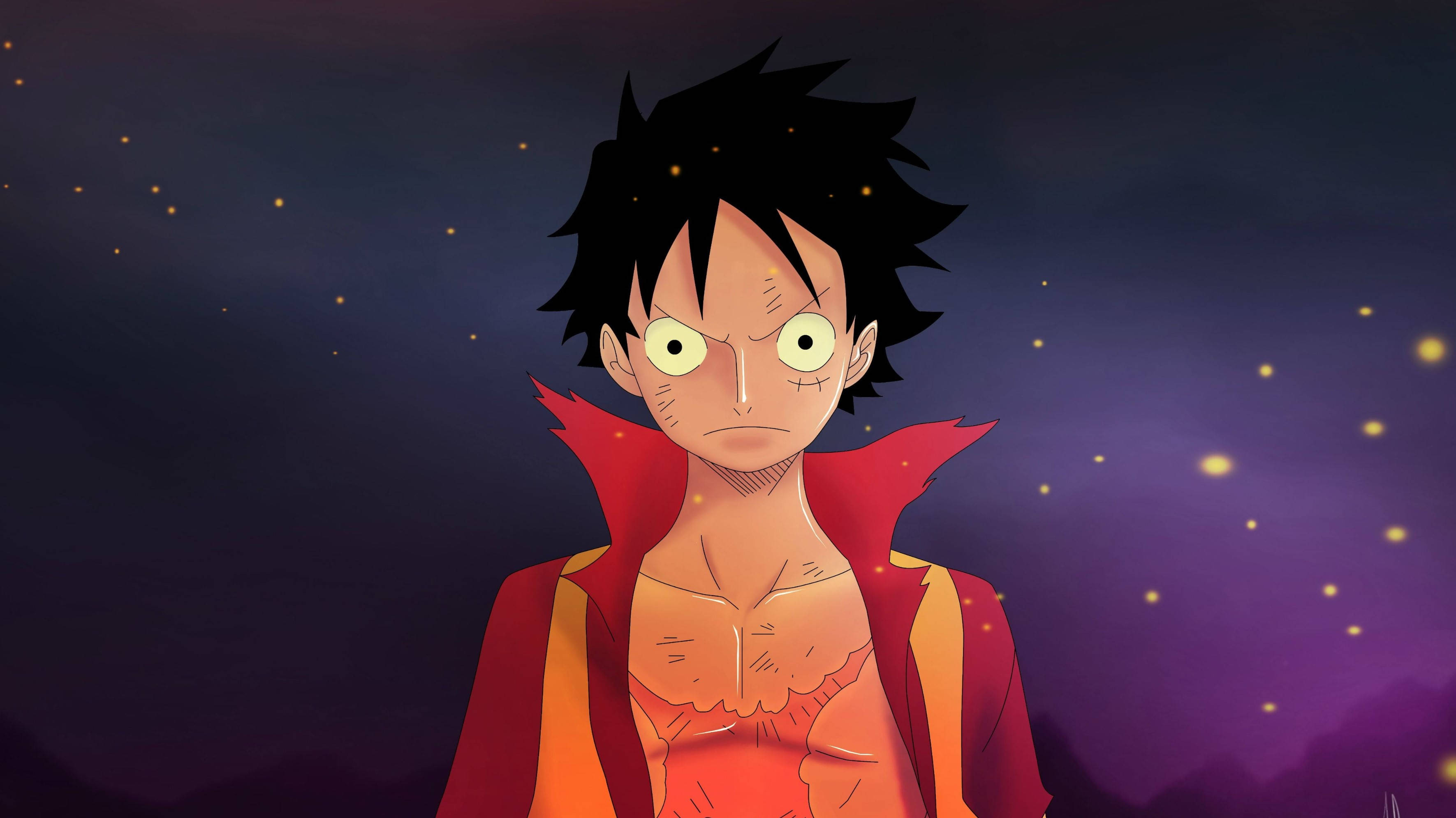 蒙其·D·魯夫 桌布 壁紙 — 一個堅定的動漫男孩，有著刺蝟般的黑髮和發光的眼睛，站在繁星點點的紫色夜空中，穿著紅色外套。