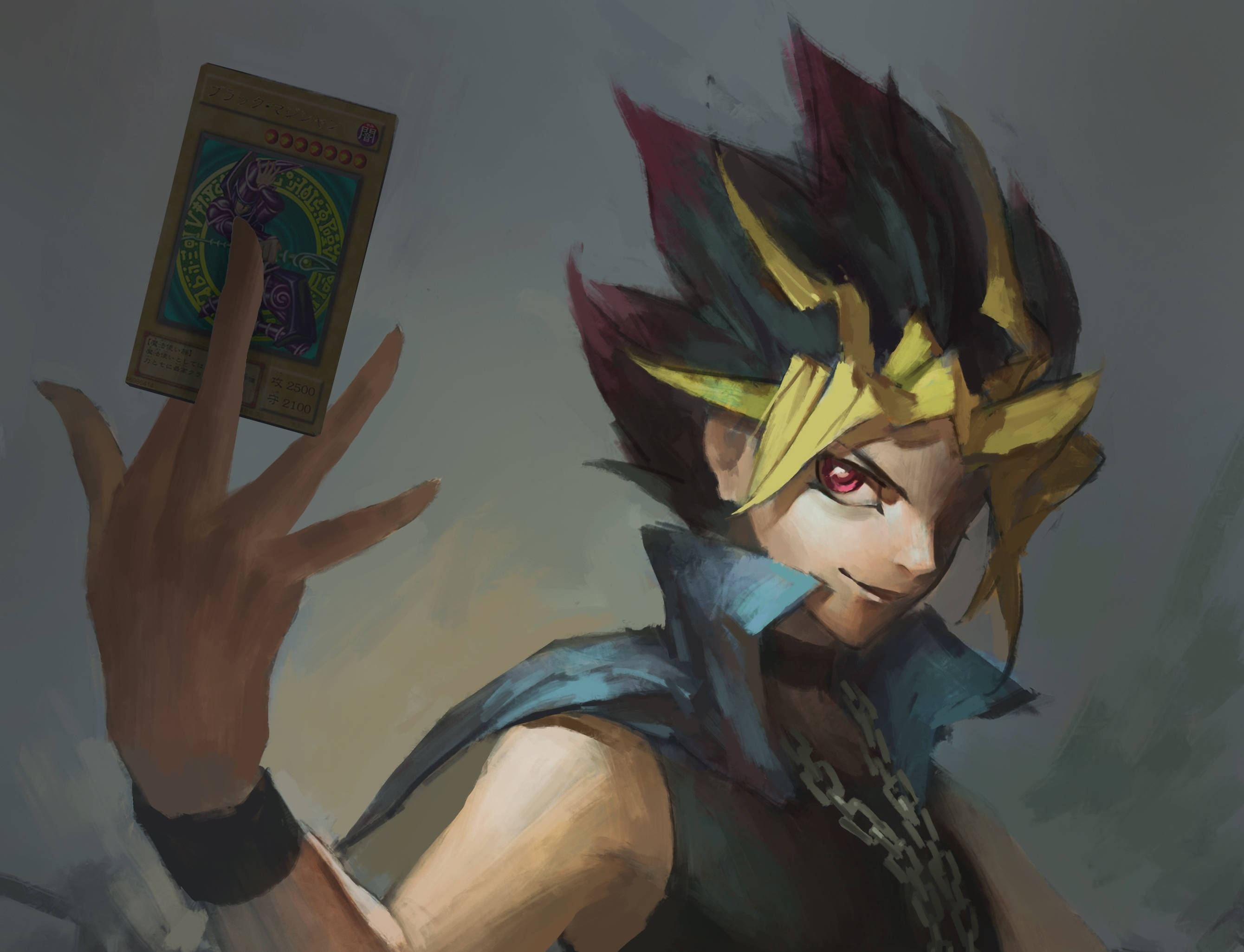 Yugioh 桌布 壁紙 — 一個堅定的動漫男孩，有著尖刺的多色頭髮，自信地微笑著舉起一張遊戲王卡。