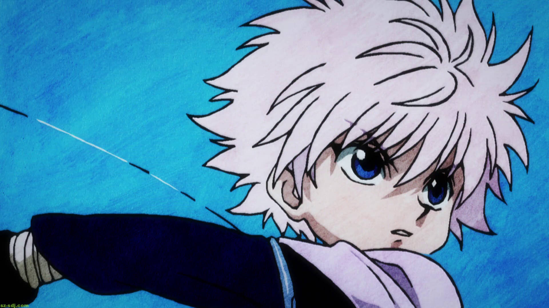 Cool Killua 桌布 壁紙 — 一個堅定的動漫男孩，有著尖刺的白髮和藍眼睛，在充滿活力的藍色背景下瞄準武器。