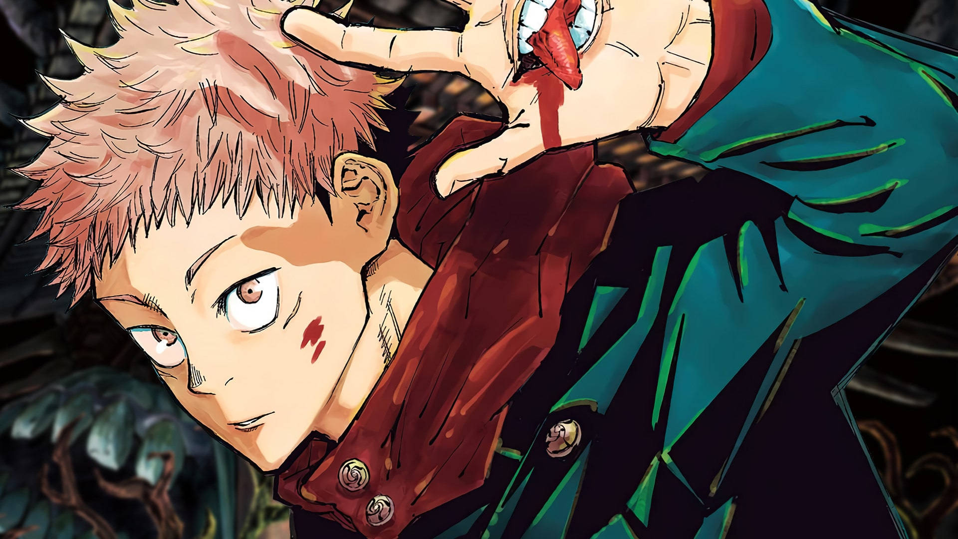 Jujutsu Kaisen Desktop 桌布 壁紙 — 一個堅定的動漫男孩，有著尖刺的粉紅色頭髮和紅色夾克，在緊張的戰鬥場景中面對一隻抓住他脖子的怪獸般的手。