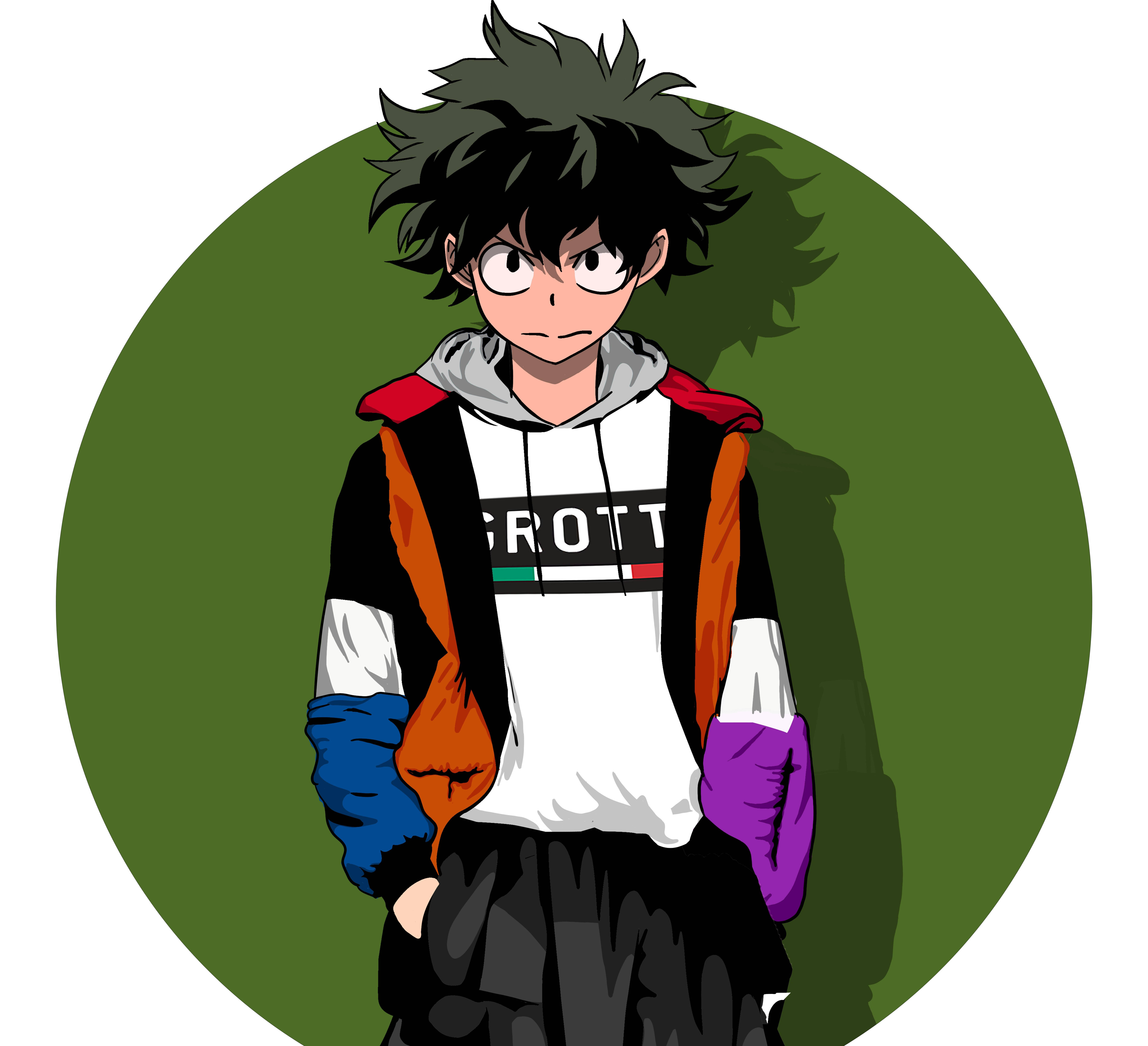 4K 桌布 壁紙 — 一個堅定的動漫男孩，有著尖刺的黑髮和色彩繽紛的夾克，站在純綠色圓形背景前。