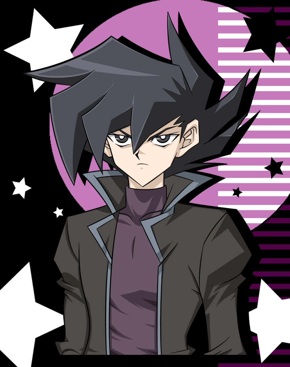 Chazz Princeton 桌布 壁紙 — 一個堅定的動漫男孩，有著尖刺般的黑髮和銳利的眼睛，站在充滿活力的紫色和黑色星空背景前。